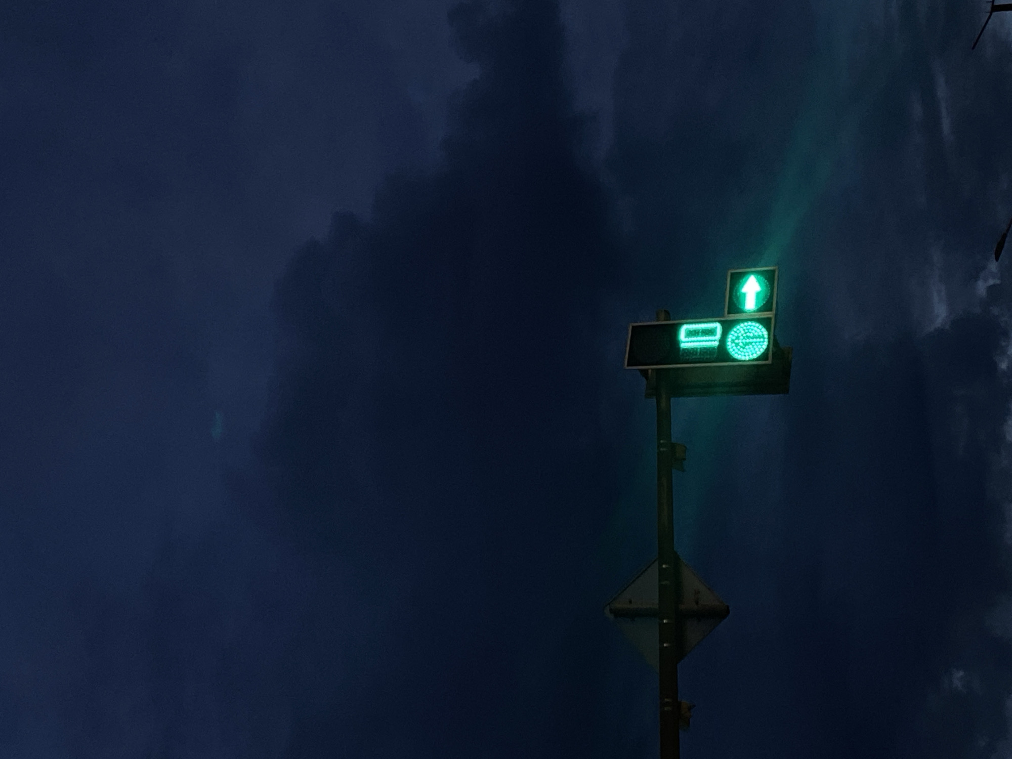 The image shows a green traffic light against a dark sky, possibly in the evening or night. The traffic light displays a green arrow pointing upwards and a green light for turning right. The location is specified as Rusanovo, Russia, however, there is no verifiable evidence within the photograph to confirm this.