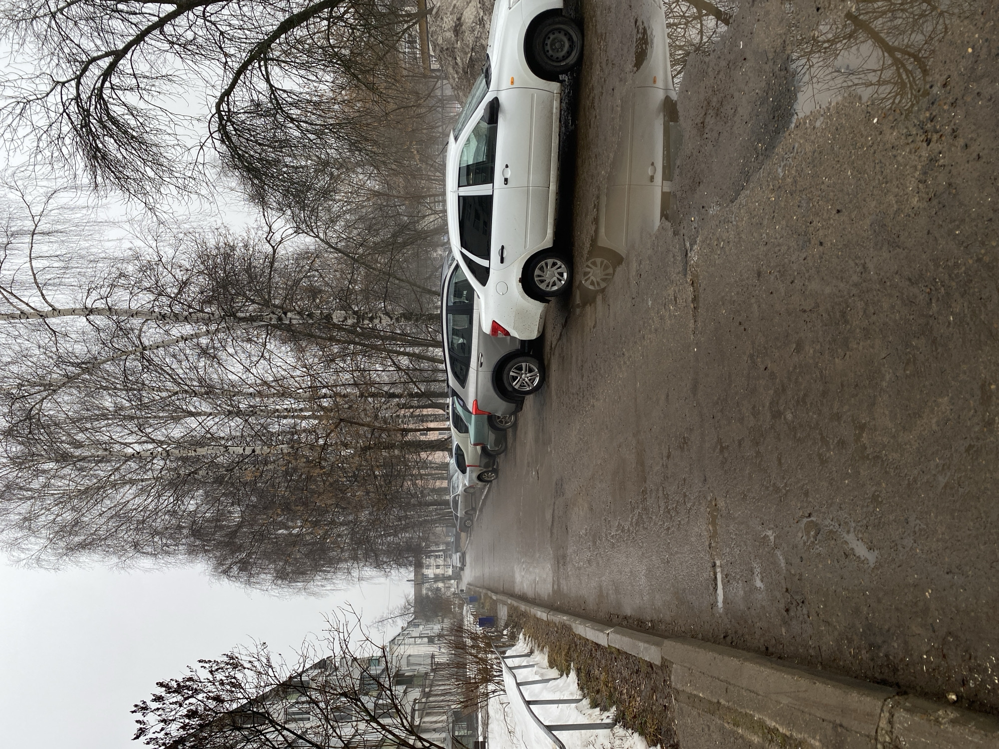 The image depicts a street scene in what appears to be a residential area in Chaikovsky, Russia, possibly during late autumn or early spring due to the leafless trees and overcast sky. The focus is on a row of parked cars along a wet asphalt road. The closest car is white, followed by a gray and then green car. The road is lined with a curb, and patches of melting snow are visible near the curb. Puddles on the road reflect the parked cars. There are residential buildings and trees lining the other side of the street, receding into the distance. The overall atmosphere is gray and dreary.