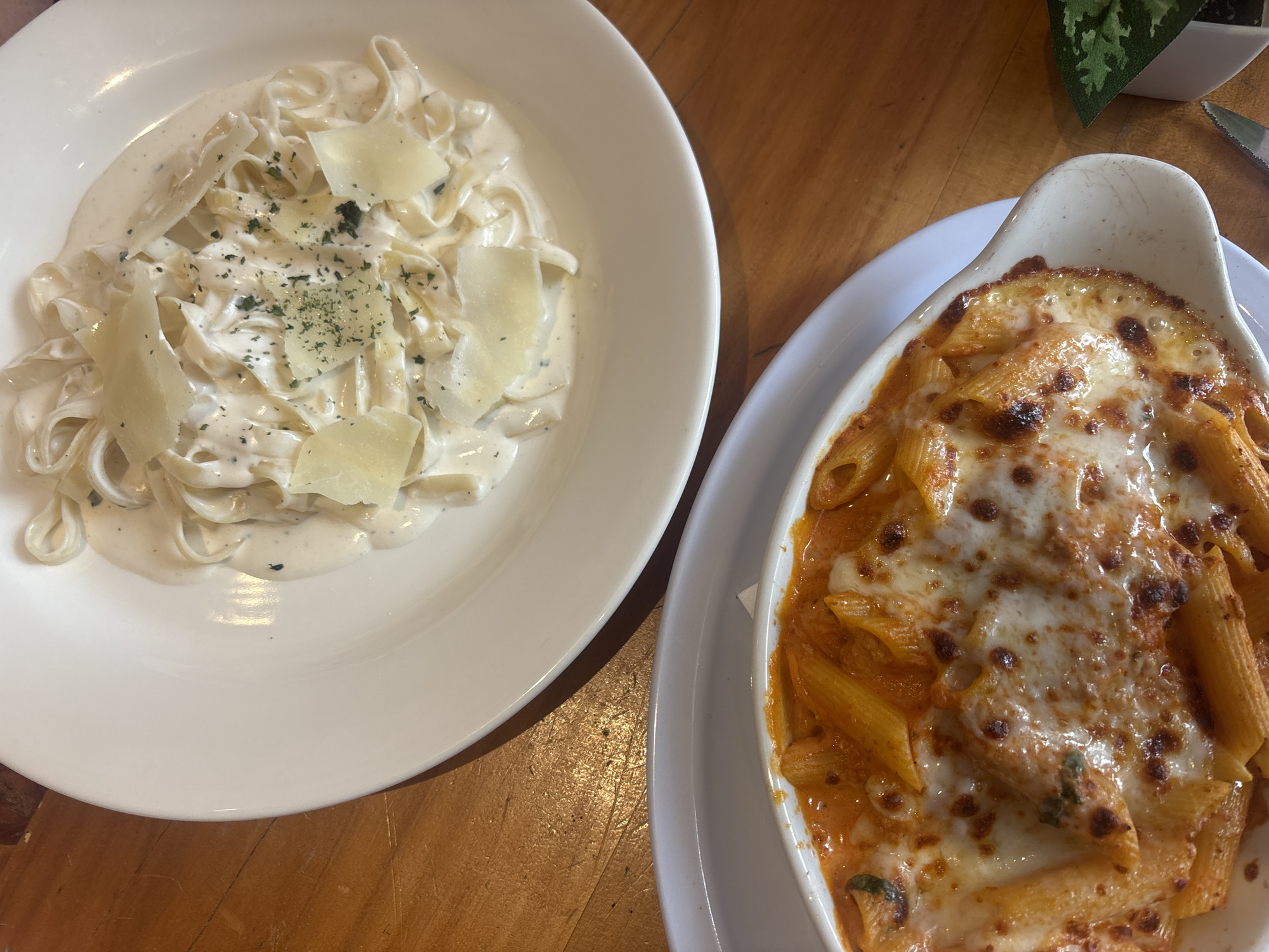The image depicts two pasta dishes on a wooden table. On the left is a plate of fettuccine Alfredo, topped with shaved parmesan cheese and herbs. On the right is a dish of penne pasta with a tomato-based sauce, baked with mozzarella cheese. The dishes are situated indoors. The location is Puebla, Mexico.
