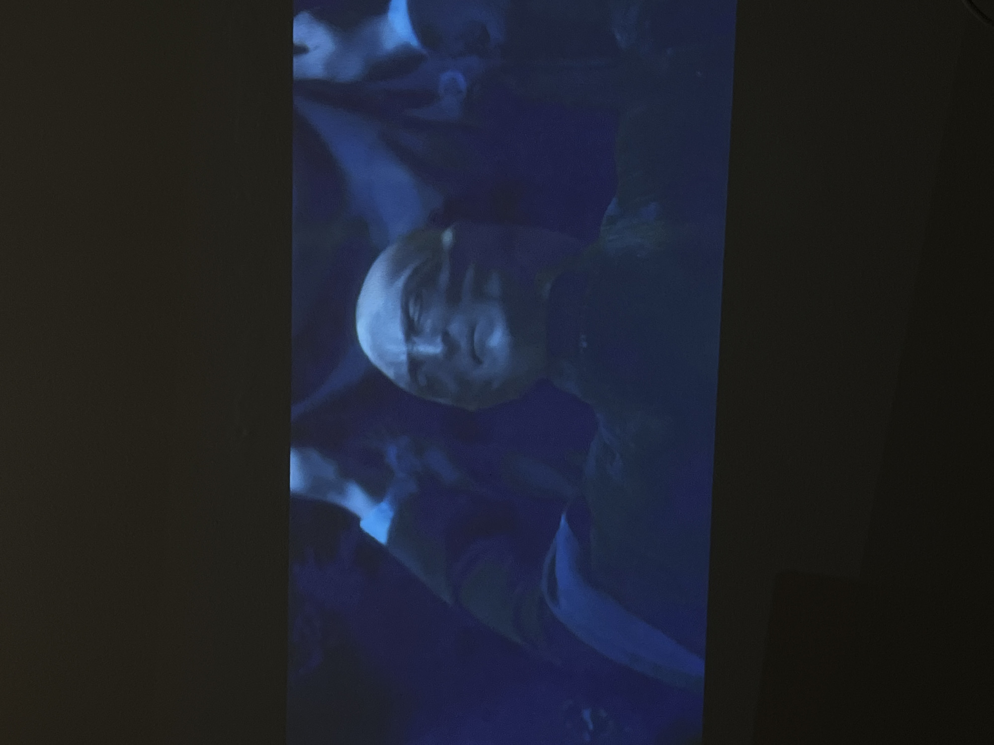 A dimly lit, possibly projected image shows a bald, pale-faced individual with dark markings around their eyes and nose, appearing to be wearing a dark robe or garment. The subject's head is tilted upwards, and their facial expression is somber. Behind the main subject, blurred figures in similar attire can be seen, suggesting a gathering or ceremony. The background is dark and indistinct, with a bluish hue dominating the scene. The image appears to be a still frame from a film or video, possibly a historical or fantasy drama, given the stylized appearance of the subject and the dark, atmospheric setting. There is no identifiable context or landmarks to suggest a specific location within the city of Saint Vith, Belgium.