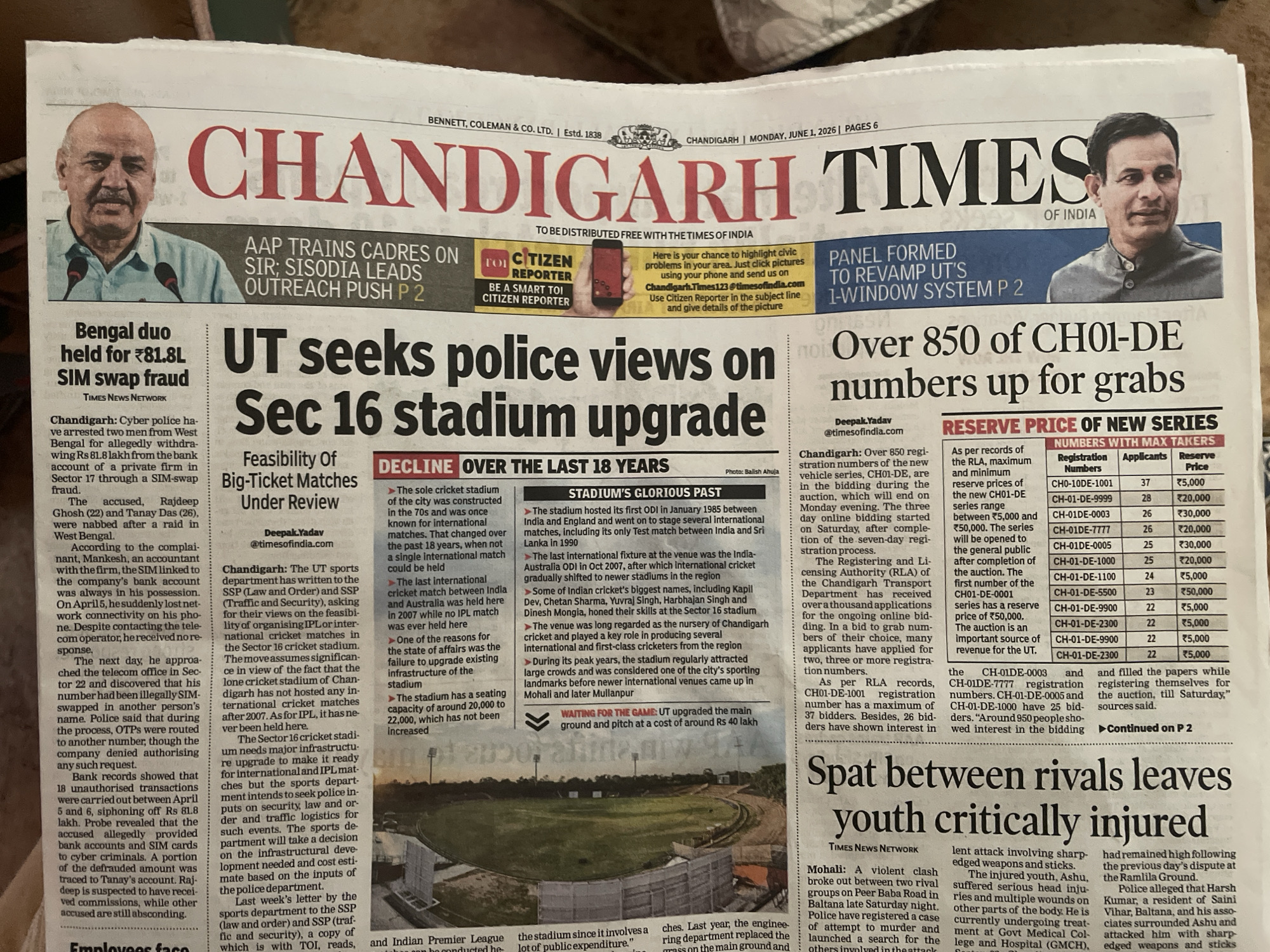 This image is a photograph of the front page of the Chandigarh Times of India newspaper, dated Monday, June 1, 2026. The headline reads, "UT seeks police views on Sec 16 stadium upgrade". The article discusses the feasibility of organizing cricket matches in the Sector 16 stadium. There is a photo of a man on the left. A separate article mentions registration numbers for vehicles in Chandigarh.