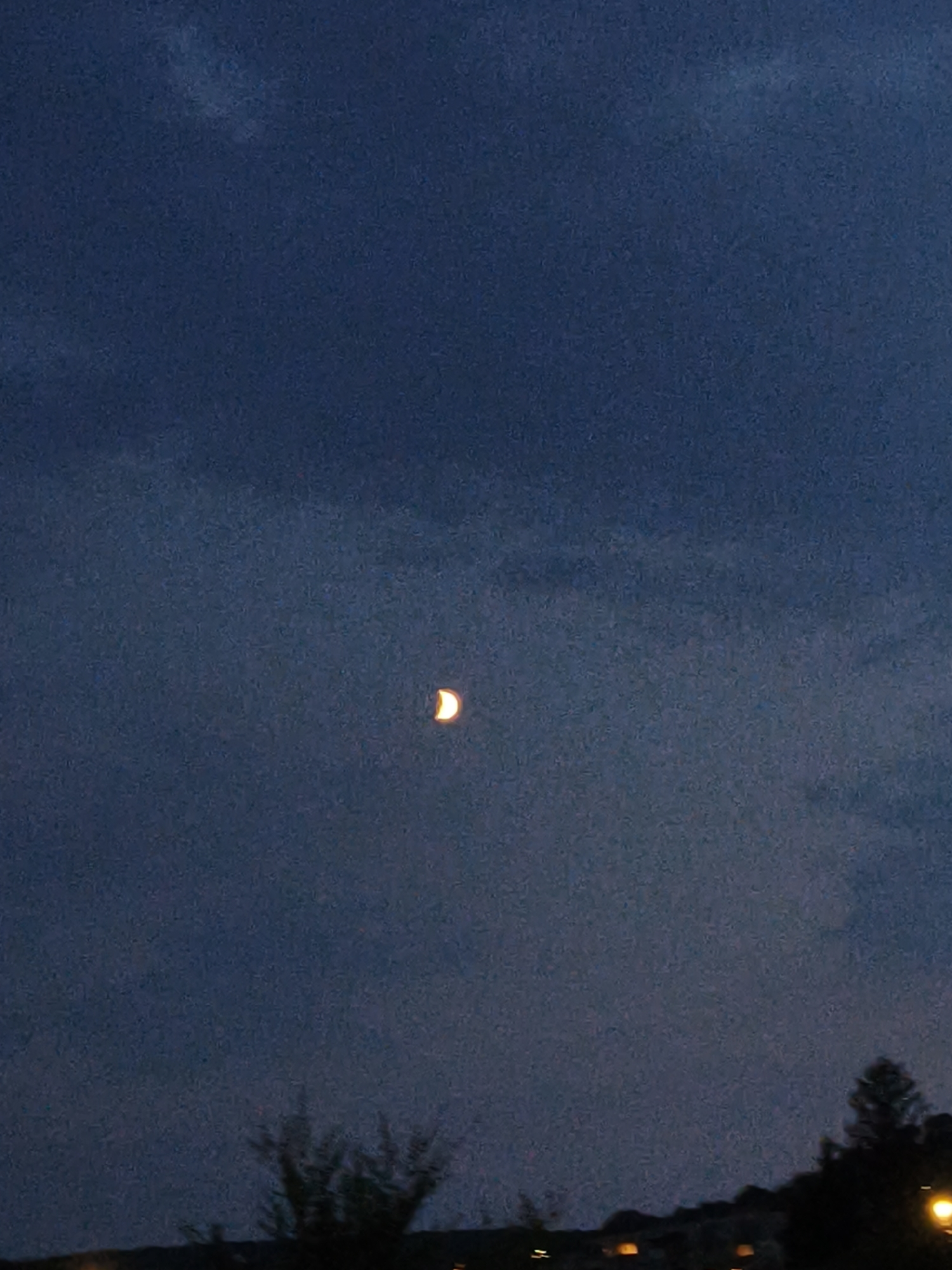 The image shows a crescent moon in a dark blue sky, visible above a silhouetted treeline and distant city lights. The scene is likely captured at dusk or night in Lovech, Bulgaria, given the context. The moon is partially illuminated, with its bright edge facing left. Below the moon, dark silhouettes of trees and shrubs are present, and faint lights are scattered along the horizon, suggesting urban development. The sky is mostly clear with some diffuse cloudiness.