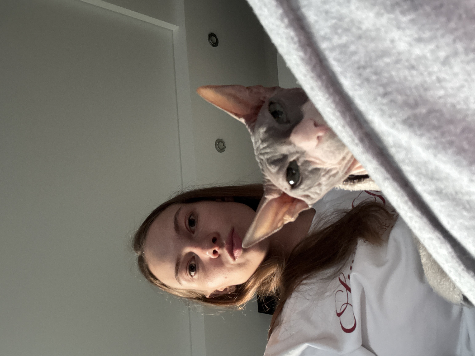A young woman with long, brown hair is in the foreground, looking directly at the camera with a neutral expression. She is wearing a white t-shirt with red lettering. Partially obscuring the lower right side of the image is a Sphynx cat, whose head is visible, looking towards the left. The cat has grey and pink skin and large ears. The background shows a textured ceiling with recessed lighting fixtures. The scene appears to be indoors, possibly in a residential setting in Novaya Ivanovka, Russia.
