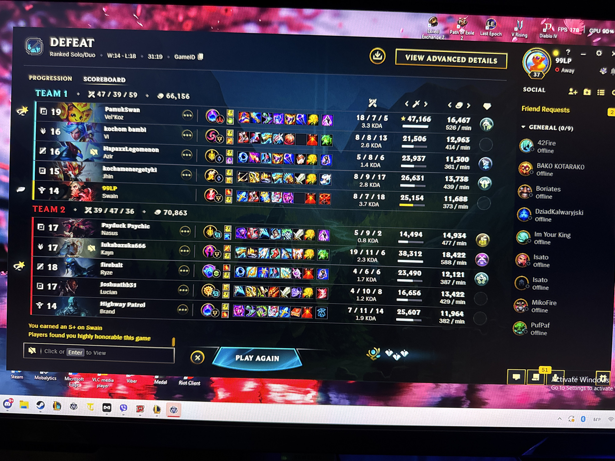The image is a screenshot of a League of Legends game's post-match scoreboard. The game resulted in a "DEFEAT" for "TEAM 1" which had a KDA of 47/39/59 and a total gold of 66,156. The scoreboard displays player names, champion portraits, kill/death/assist statistics, gold earned, and items purchased. Notably, one player on TEAM 1, "99LP" playing Swain, earned an S+ rank and was recognized for being "highly honorable". "TEAM 2" had a KDA of 39/47/36 and a total gold of 70,863. The image also shows a "Friend Requests" section with several offline players. The bottom of the screen shows a taskbar with icons for Steam, Mobalytics, Microsoft Edge, VLC media player, Viber, Medal, and Riot Client. The background of the screen displays a blurry image of what appears to be cherry blossoms. The user's operating system indicates Windows with a prompt to "Activate Windows". The provided information about Varna, Bulgaria, is irrelevant to the content of the image and cannot be incorporated into a factual description of the scene depicted.