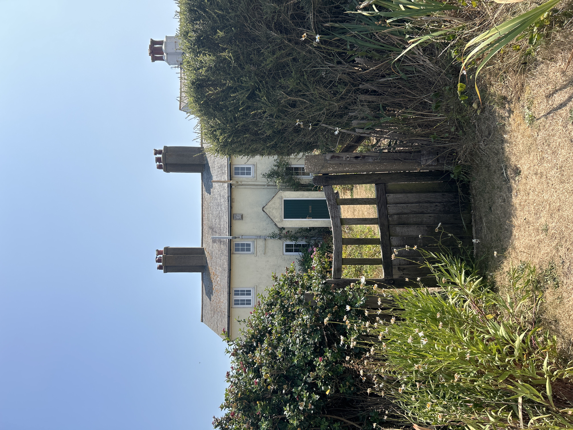 The image depicts a quaint, pale yellow cottage with a gray tiled roof, set against a clear blue sky. The cottage features multiple chimneys, white-framed windows, and a dark green door. In the foreground, a rustic wooden gate stands slightly ajar, revealing a pathway leading towards the house. Lush green bushes and tall grasses with small white flowers flank the gate and path, suggesting a garden setting. The overall impression is one of peaceful rural charm. This cottage is located in Seaford, United Kingdom.
