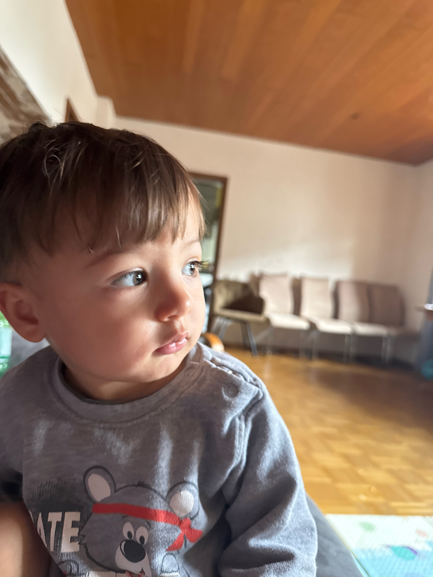 A young child, likely a toddler, is captured in a close-up shot, their face turned to the right, eyes focused on something outside the frame. The child has fair skin, dark hair, and large, expressive eyes. They are wearing a gray long-sleeved shirt with a cartoon character, possibly a bear, printed on it. The background is blurred but suggests an indoor setting with wooden paneling on the ceiling and a light-colored wall. In the distance, there are chairs with cushions and a wooden floor. The scene appears to be a casual, home environment. The image has a shallow depth of field, with the child in sharp focus and the background significantly blurred. There is no indication of the specific location within Überherrn, Germany.
