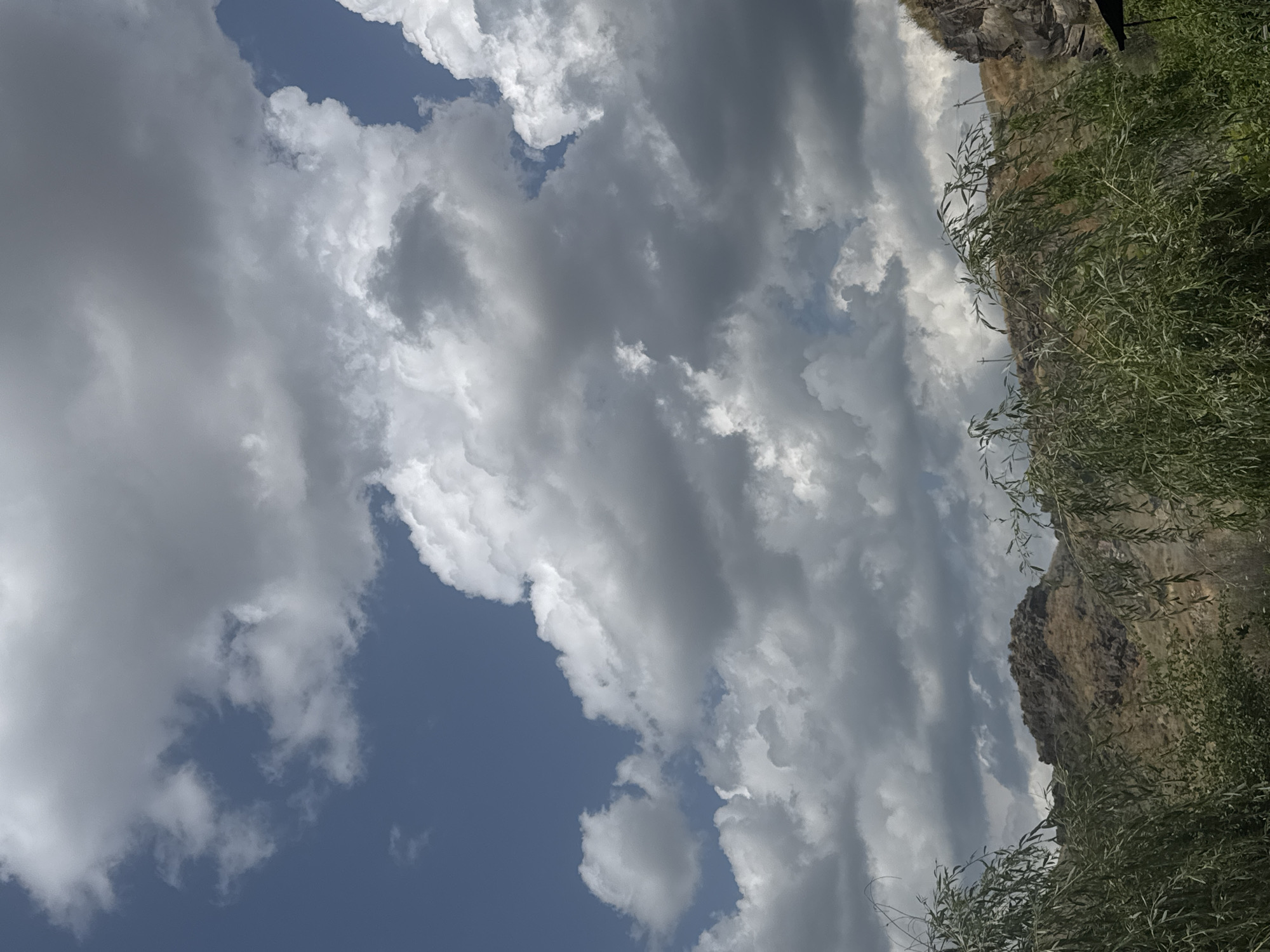 The image shows a landscape view under a cloudy sky. In the foreground, green foliage, likely willow trees, drapes down from the top corners, framing the scene. Behind the foliage, a rugged, brown hill dominates the midground, with rocky outcrops and dry vegetation. The sky above is filled with a mix of dark gray and white cumulus clouds against a bright blue sky. The overall impression is of a natural, possibly rural environment. This scene is located in Malishka, Armenia.
