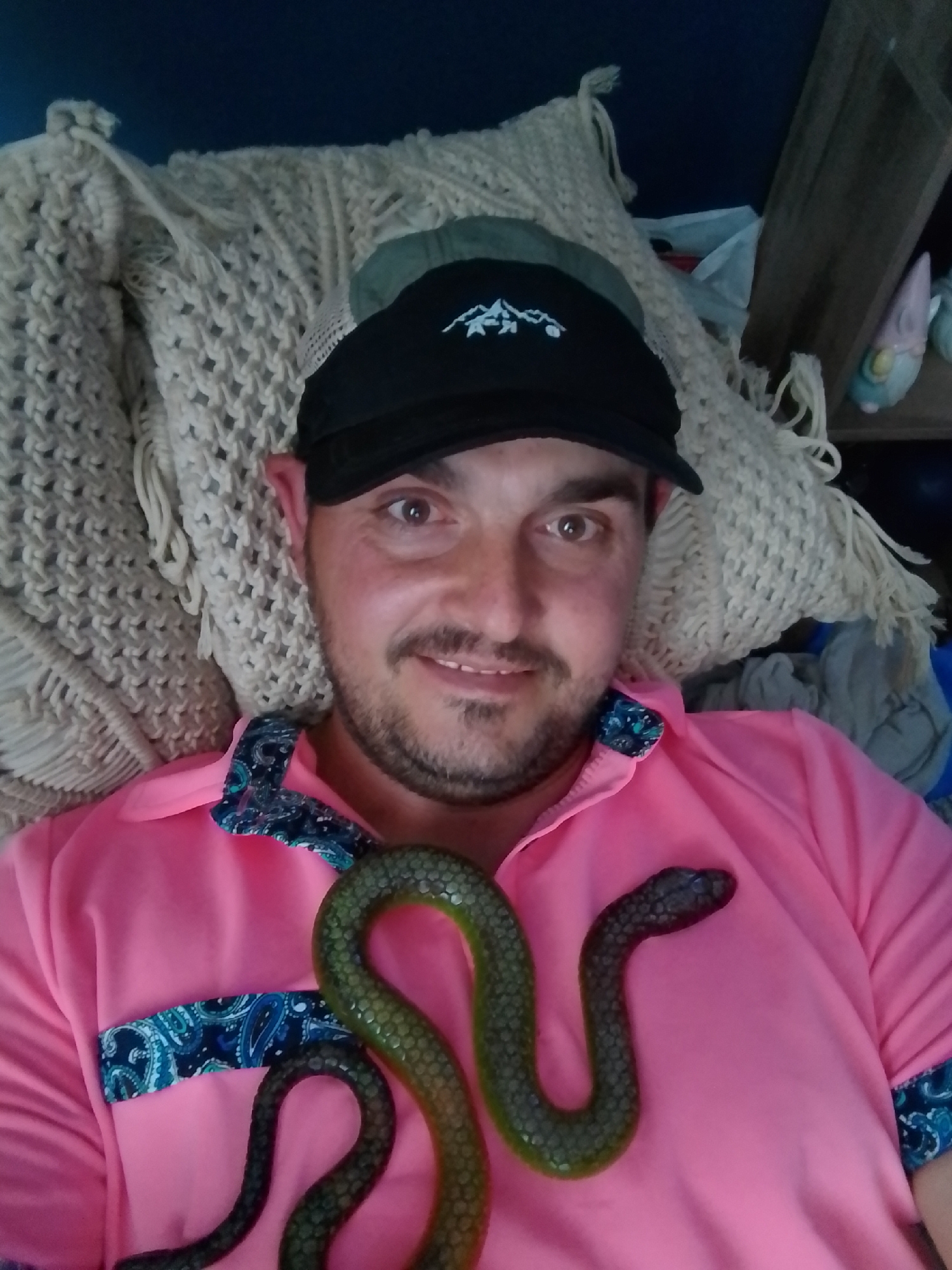 A man wearing a pink shirt and a black baseball cap is lying down. A green snake is draped around his neck and upper chest, with its head resting on his chest. The man is looking at the camera and smiling. The background appears to be a bedroom with a white knitted blanket and some shelves. The scene is well-lit, and the colors are vibrant. There is no information available to indicate the location of this image in the city of Wedel, Germany.