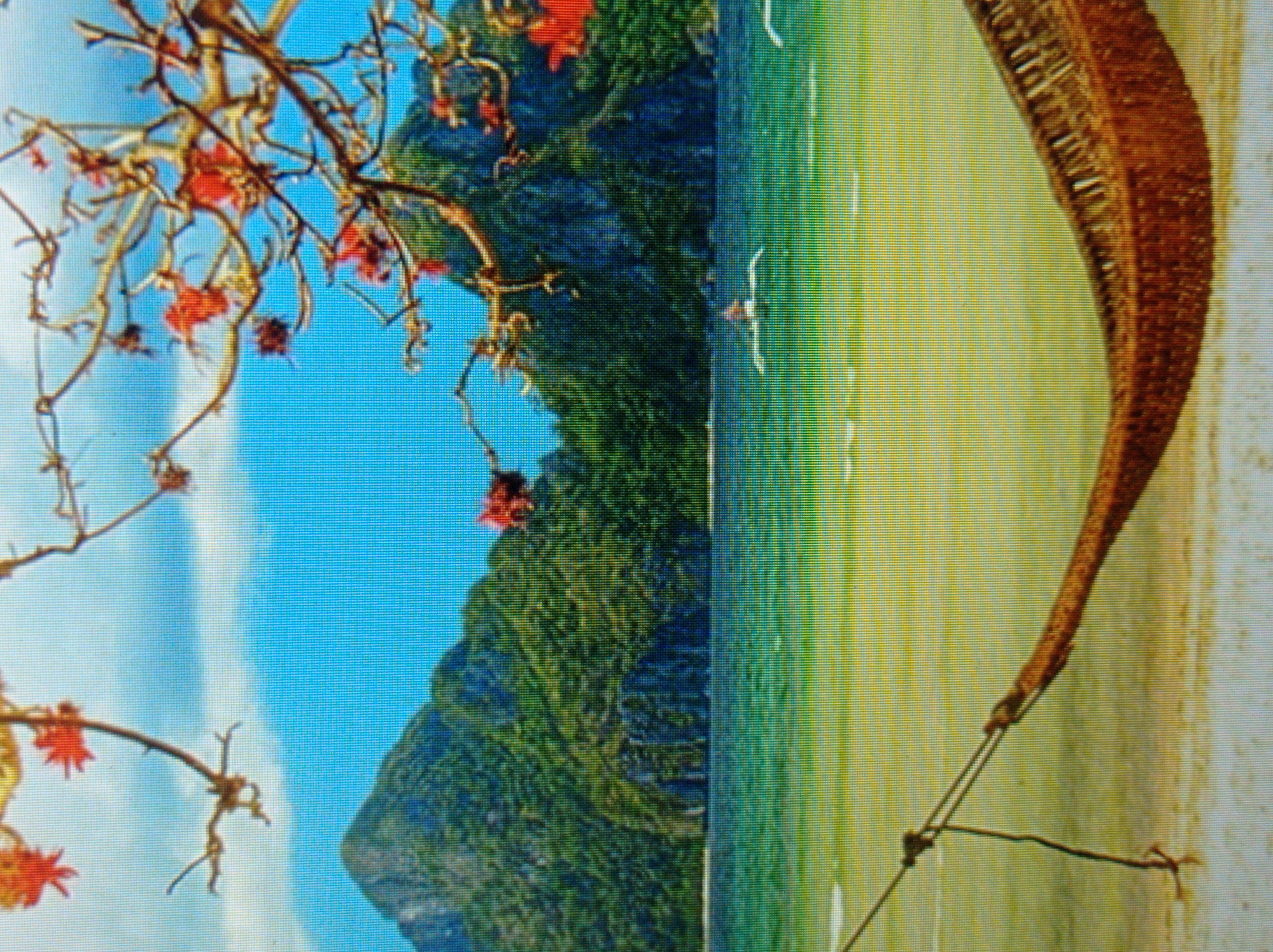 This is a painting of a tropical beach scene. In the foreground, a woven hammock is strung between two unseen supports, with one end visible, resting on the sandy beach. The sea is a vibrant turquoise and green, with shallow waters near the shore. In the middle ground, a person is visible in a small boat on the water, and several white birds are flying. The background features lush green, jungle-covered mountains and a bright blue sky with some wispy clouds. In the upper right and left corners, there are branches with red flowers and leaves, suggesting a flowering tree. The painting does not depict any elements related to the city of Mukachevo, Ukraine.