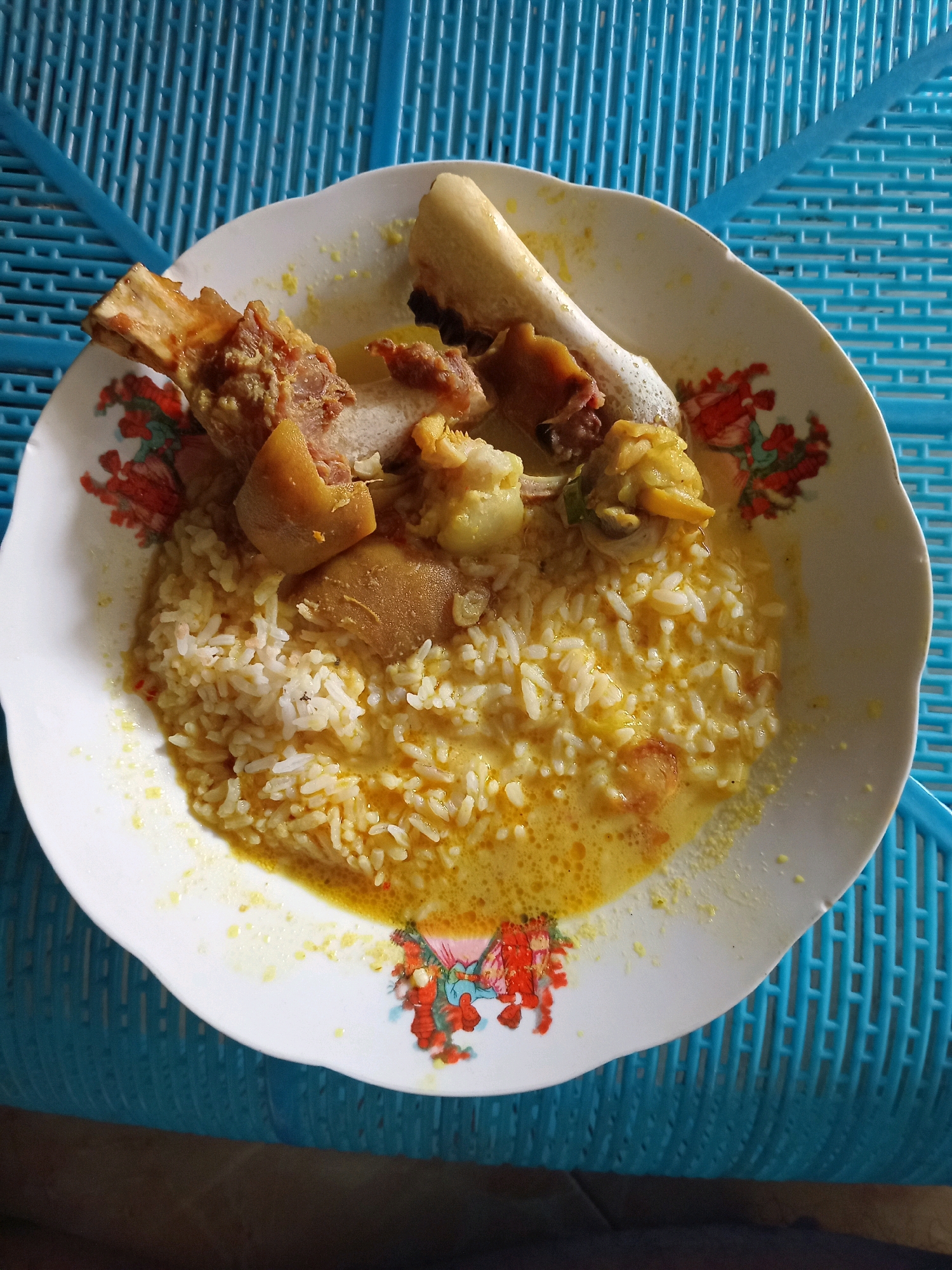A plate of rice with meat and sauce is placed on a blue plastic table in Randuagung, Indonesia. The plate has a floral pattern around the rim. The rice is white and appears to be mixed with a yellow sauce. There are several pieces of meat on top of the rice, some with bone. The table has a textured surface with parallel lines. The lighting suggests it is daytime.