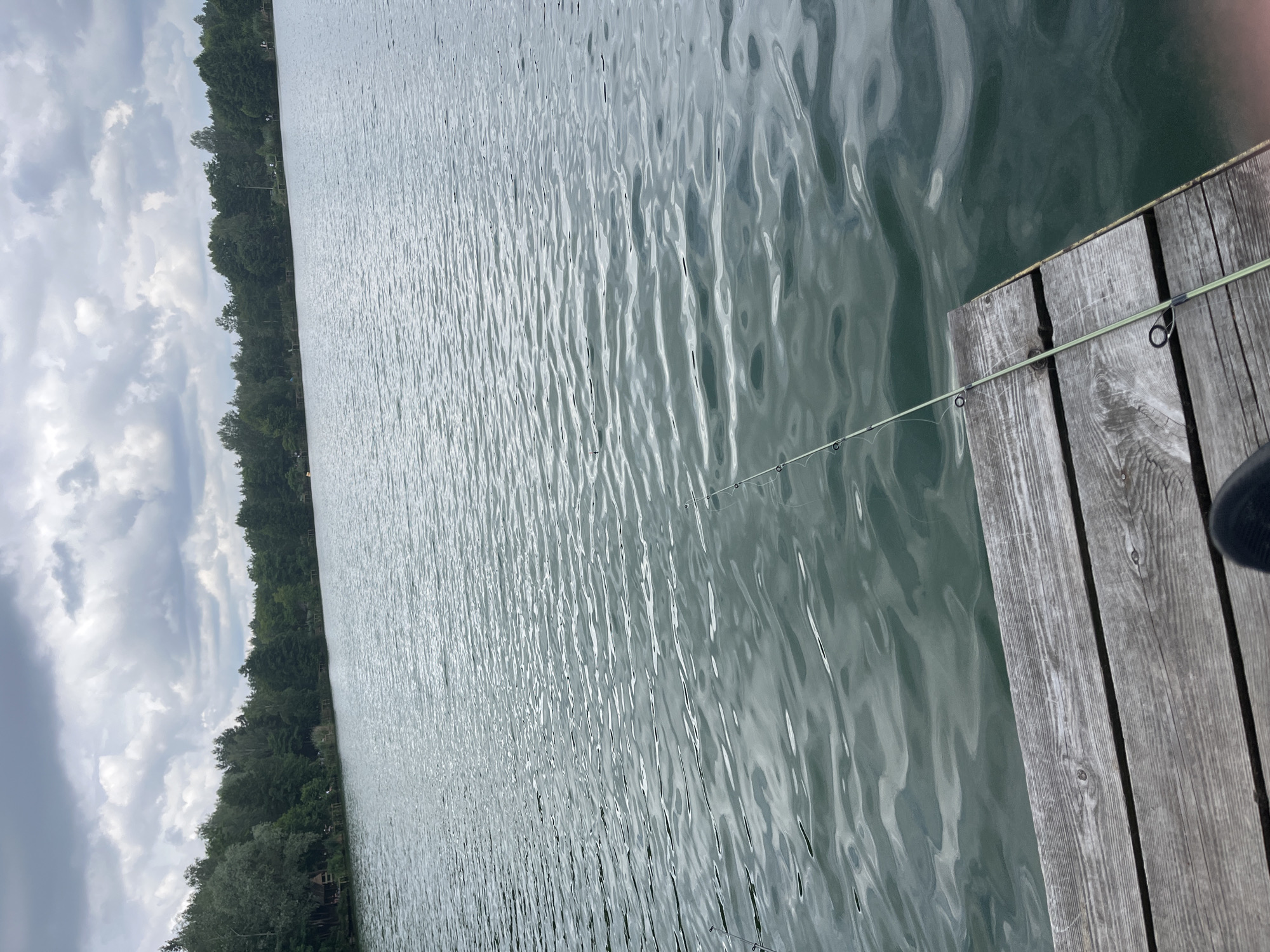 The image depicts a serene lake scene at Janówek Pierwszy, Poland. The foreground features a weathered wooden pier extending into the calm, rippling water. A fishing rod rests on the pier, its tip angled towards the water, suggesting an ongoing fishing activity. The lake itself is a muted green, reflecting the overcast sky above, which is filled with dramatic, textured clouds. Along the far bank, a dense line of lush green trees creates a natural border. Hints of structures, possibly small buildings or cabins, are subtly visible amongst the trees, suggesting a recreational or residential area bordering the lake. The overall atmosphere is tranquil and natural, indicative of a peaceful day spent by the water.