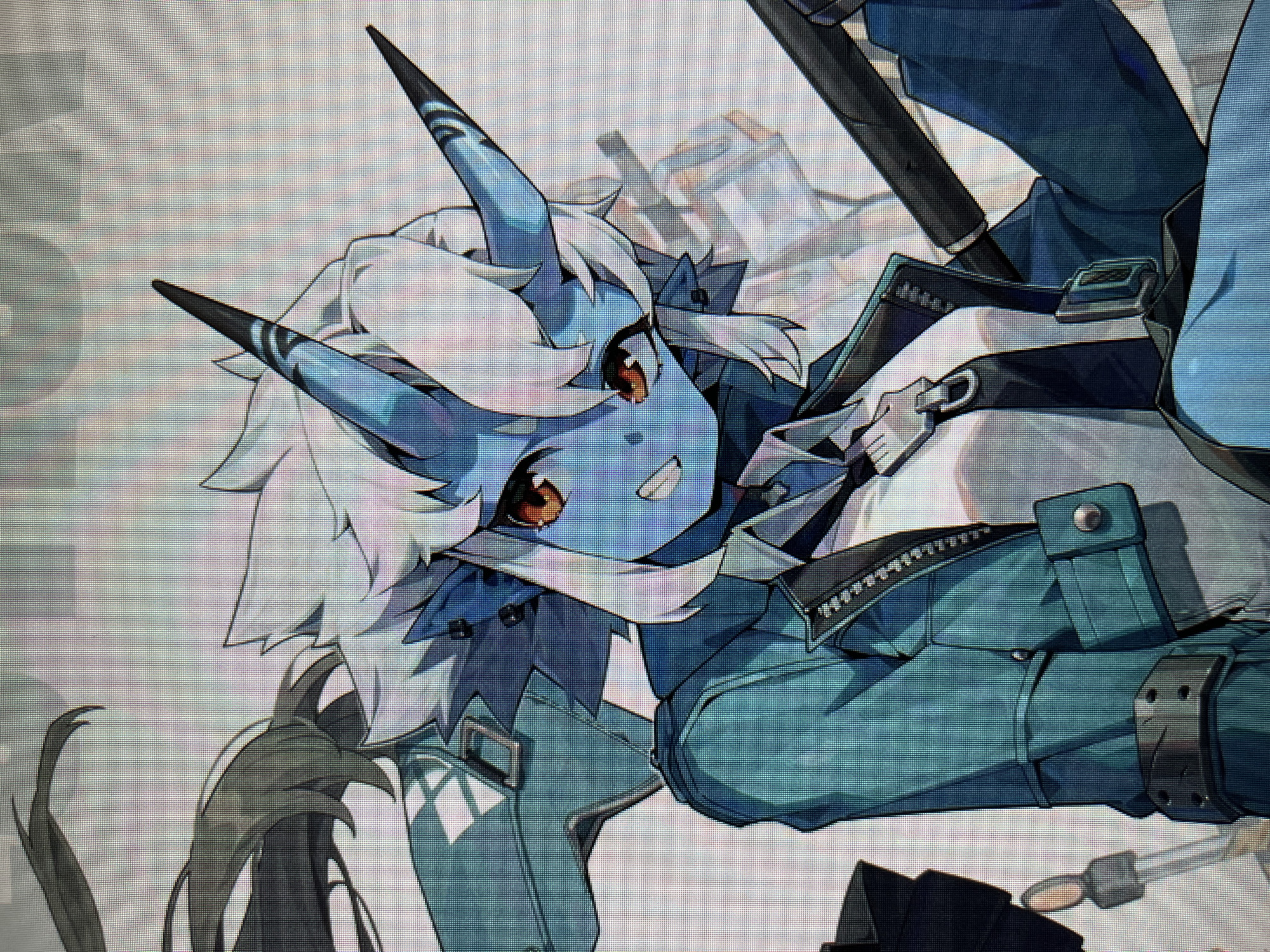 The image displays a close-up, digital illustration of a fictional character. The character has light blue skin, white spiky hair, and prominent blue horns with dark tips. They have orange eyes and sharp teeth, suggesting a creature or demon-like appearance. The character is wearing a dark jacket over a white shirt and tie, with a prominent zipper detail on the jacket. The overall aesthetic is a blend of anime and gothic influences. There is no indication of any real-world location, including Kedawung, Indonesia. The background is a plain, light color, and there are no discernible environmental elements that could place it in a specific city or region.