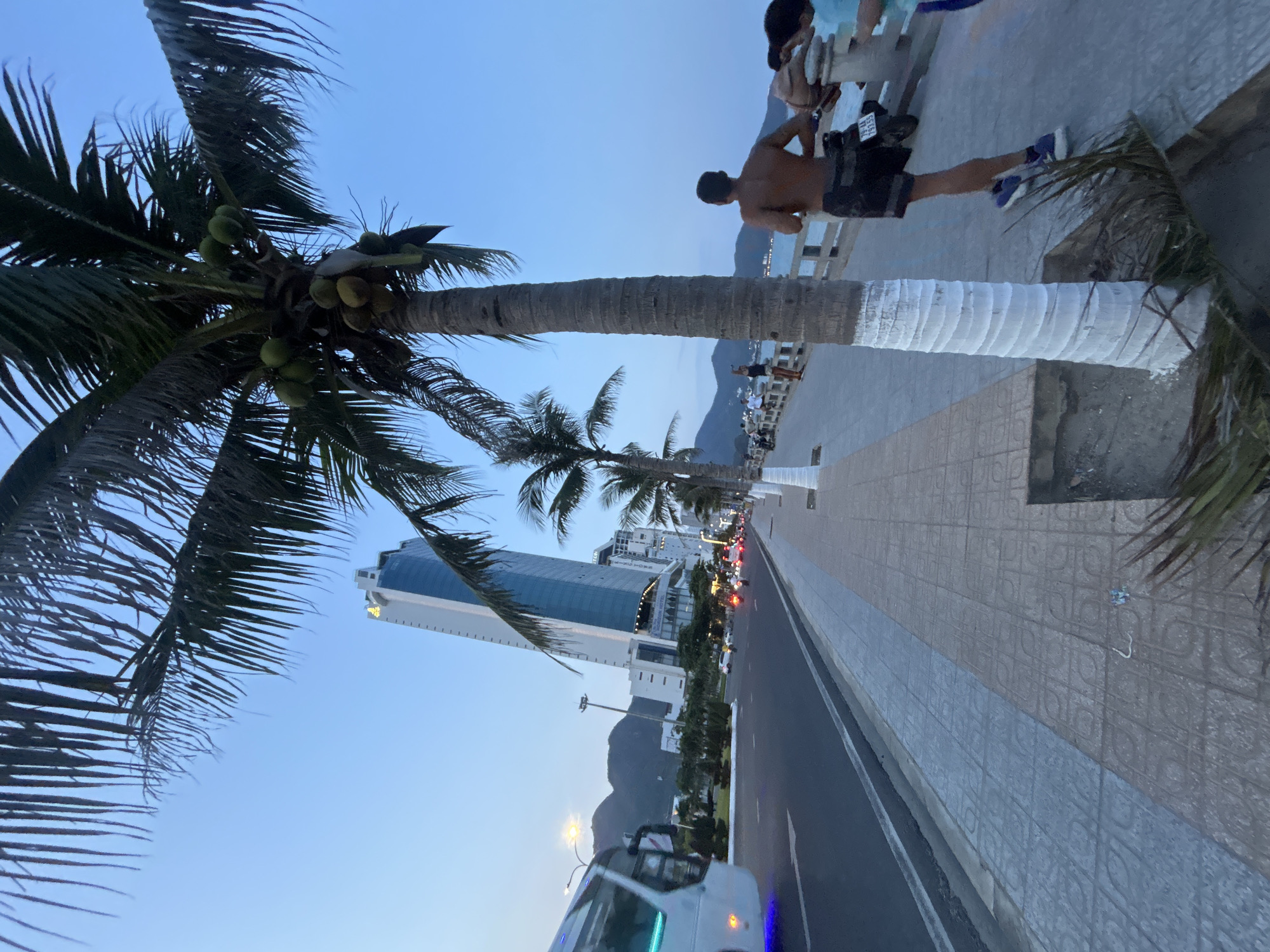 The image shows a street scene in Bac Nha Trang Ward, Vietnam, taken during the early evening. A palm tree with coconuts dominates the left side of the frame. To the right is a paved promenade with people walking along the coastal walkway, including a shirtless man and a woman stretching or exercising near the railing. A multistory building stands in the background. The street has a white van and other vehicles in motion. Mountains are visible in the distance under a clear sky.