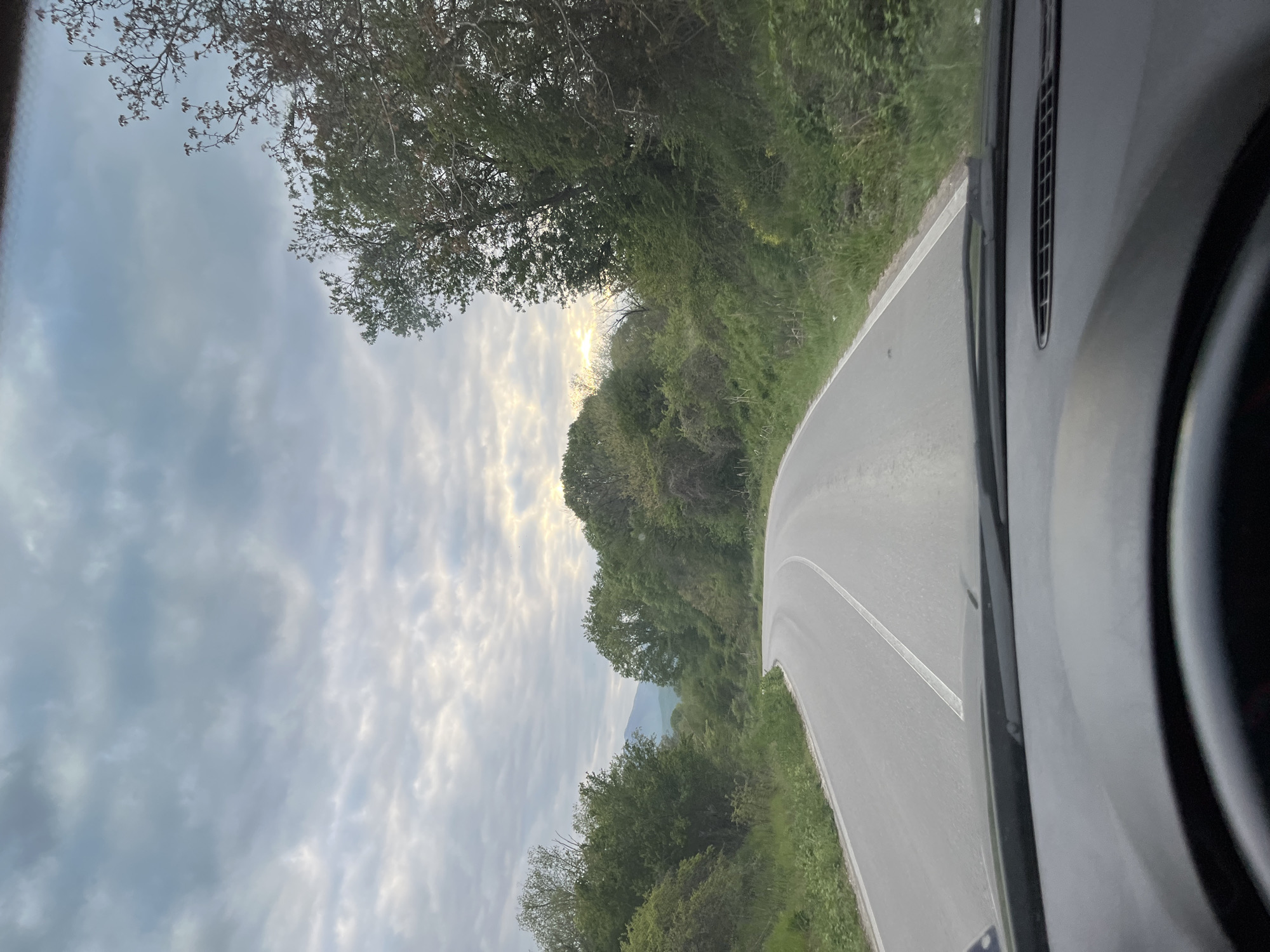 The image, captured from the interior of a vehicle, shows a winding road cutting through a verdant, natural landscape under a cloudy sky. The perspective is looking forward and slightly to the left, with car interior elements visible on the right side of the frame.
A paved road with a single white line marking its edge curves through the scene, disappearing into the distance. Lush green trees and dense bushes flank both sides of the road, forming a vibrant corridor. In the background, a silhouette of mountains or hills is faintly visible, partially obscured by the atmospheric conditions.
The sky is largely covered with clouds, some appearing brighter with a golden hue, indicating either early morning or late afternoon light, possibly hinting at a sunset. The overall lighting is soft and diffused. On the right side of the image, a dark car dashboard, an air vent with a grille pattern, and the edge of a console or steering wheel are visible, confirming the vantage point from inside a vehicle.
The activity depicted is driving or traveling as a passenger along a scenic route. The road appears dry, suggesting no recent rain. No visible text is present in the image. The setting, characterized by mountainous terrain and abundant vegetation, aligns with the provided location context of Moskovets, Bulgaria.