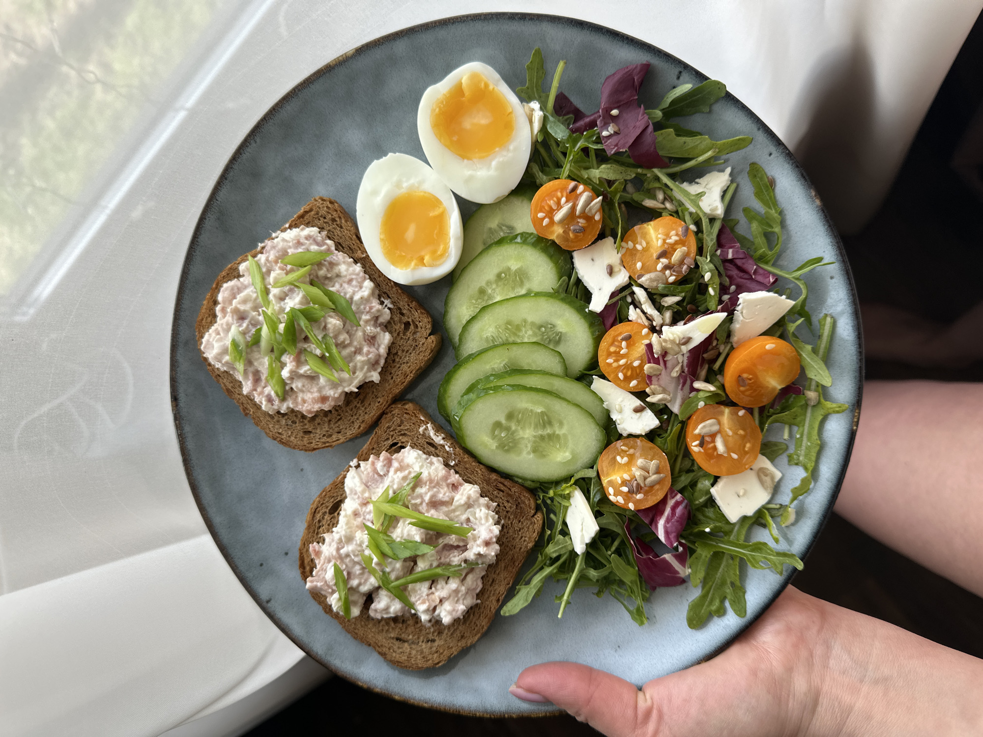 A top-down shot shows a blue plate of food held by a person. The plate contains two pieces of brown bread topped with a white spread and garnished with green onions. Beside the bread is a sliced boiled egg, a row of sliced cucumbers, and a salad with mixed greens, yellow tomatoes, white cheese cubes, and seeds. The image seems to be taken indoors near a window. The photograph does not contain information to determine if the location is in Chaikovsky, Russia.