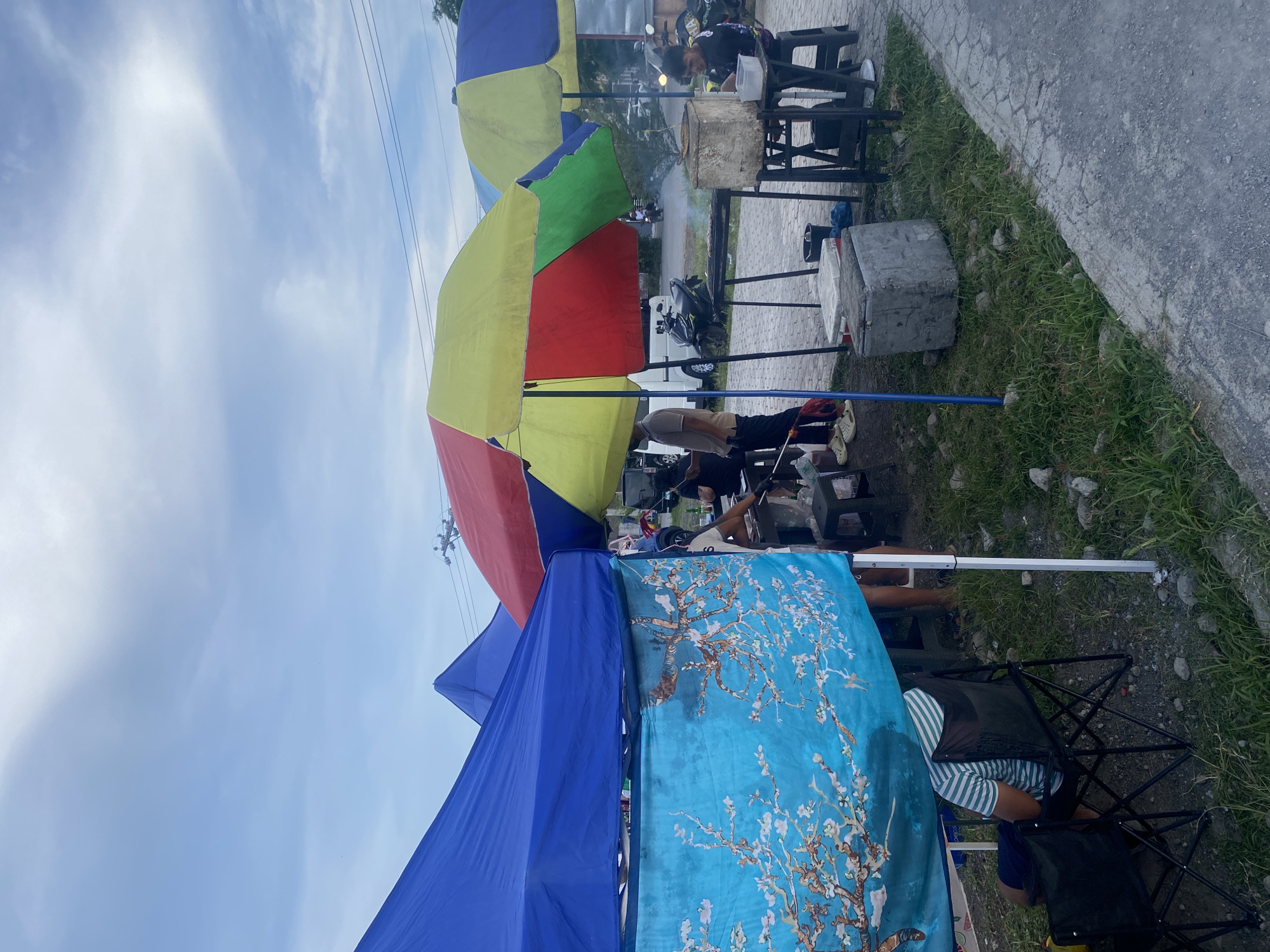 This sideways image depicts a bustling street food scene, likely in Davao City, Philippines, under bright daylight. The scene features multiple colorful market umbrellas and canopies set up along a paved area, bordered by a strip of grass and an asphalt road.
Several individuals are present, engaged in food preparation and vending. In the mid-ground, a person wearing a black t-shirt with a white design is seen behind a table, tending to a large metal pot or wok on a stand, possibly over a heat source, with a faint wisp of smoke rising. Another person in a light shirt is also visible near a cooking station under another umbrella. Black plastic chairs and tables are positioned around these food stalls.
In the foreground, under a solid blue canopy, a person wearing a striped shirt is seated on a black folding chair. A striking blue blanket or tapestry, featuring an intricate white flowering tree design reminiscent of Van Gogh's "Almond Blossoms," is draped over a support structure, serving as a decorative or shading element.
The umbrellas are vividly colored, with segments of blue, yellow, red, and green. In the background, other vehicles, including motorcycles, are visible on what appears to be a street or roadside. The sky above is bright and partly cloudy, indicating fair weather. No discernible text is visible on any signs or clothing. The setup suggests a lively, informal outdoor dining or street food market.