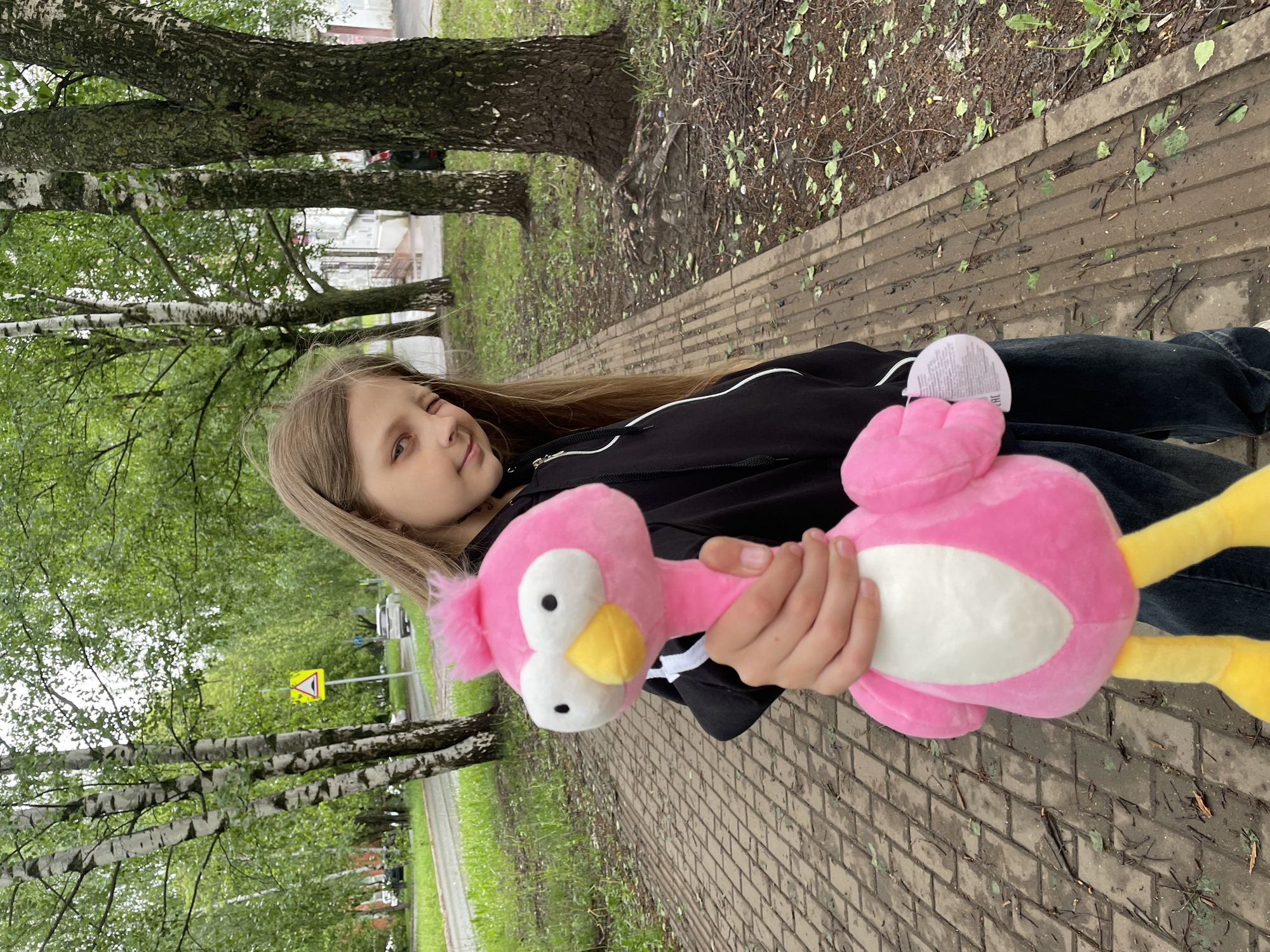 A young girl stands on a brick sidewalk in Izhevsk, Russia, holding a pink flamingo plush toy. She wears a black jacket and jeans, and her blonde hair falls down her back. Behind her are birch trees and a yellow road sign, suggesting an urban park setting. The weather appears overcast.