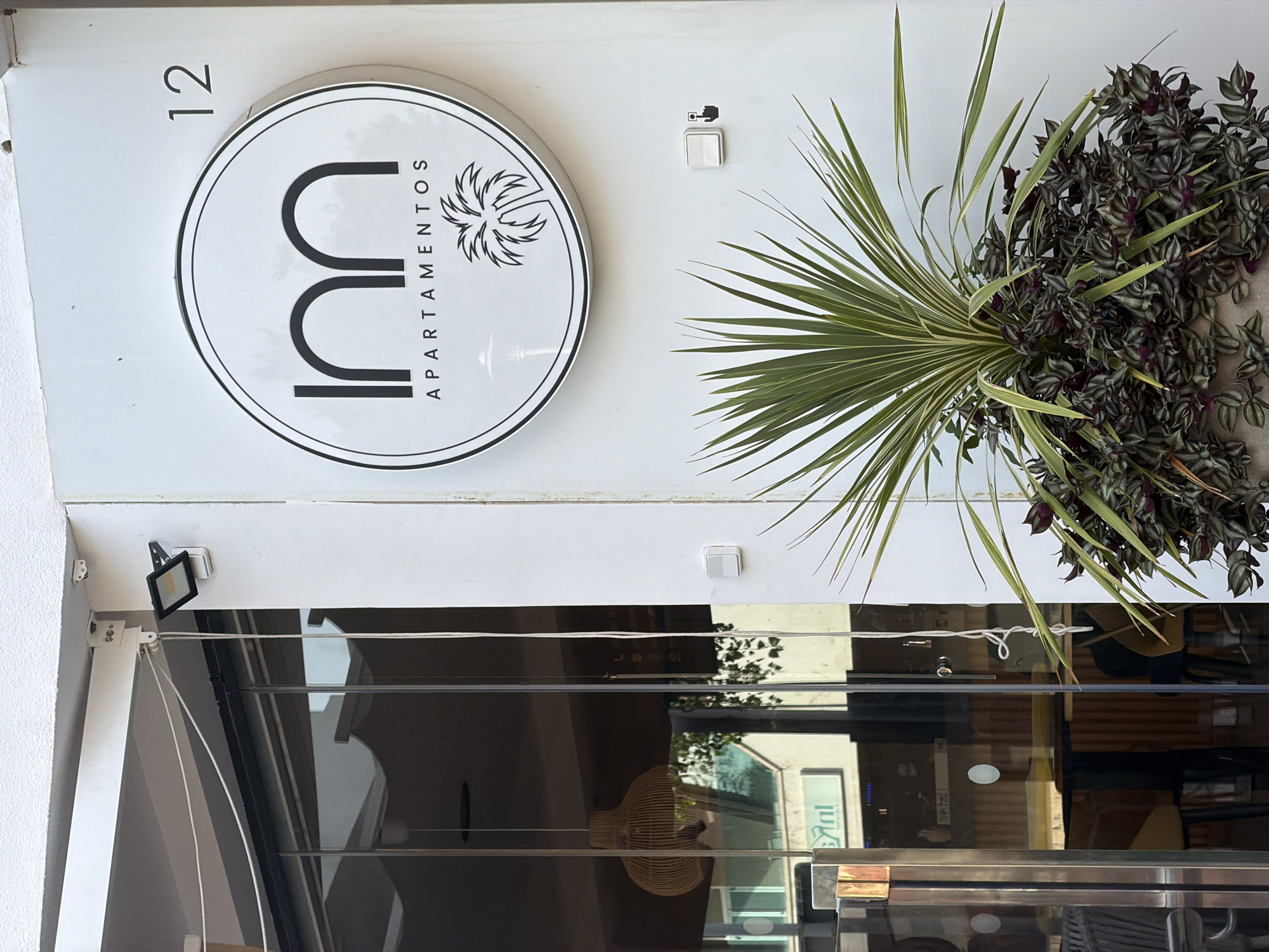 In Magaluf, Spain, an apartment building is identified by a circular sign featuring a black "m" logo with the word "APARTAMENTOS" below it and a palm tree graphic. The number "12" is displayed in black numerals above and to the right of the sign. The building's facade is painted white, and a spotlight is mounted above a glass-paned entrance. In front of the building, a large potted plant with spiky green leaves and dark purple foliage adds a touch of nature to the scene. The entrance is framed by stainless steel accents, and through the glass doors, cafe-style tables and chairs are visible.