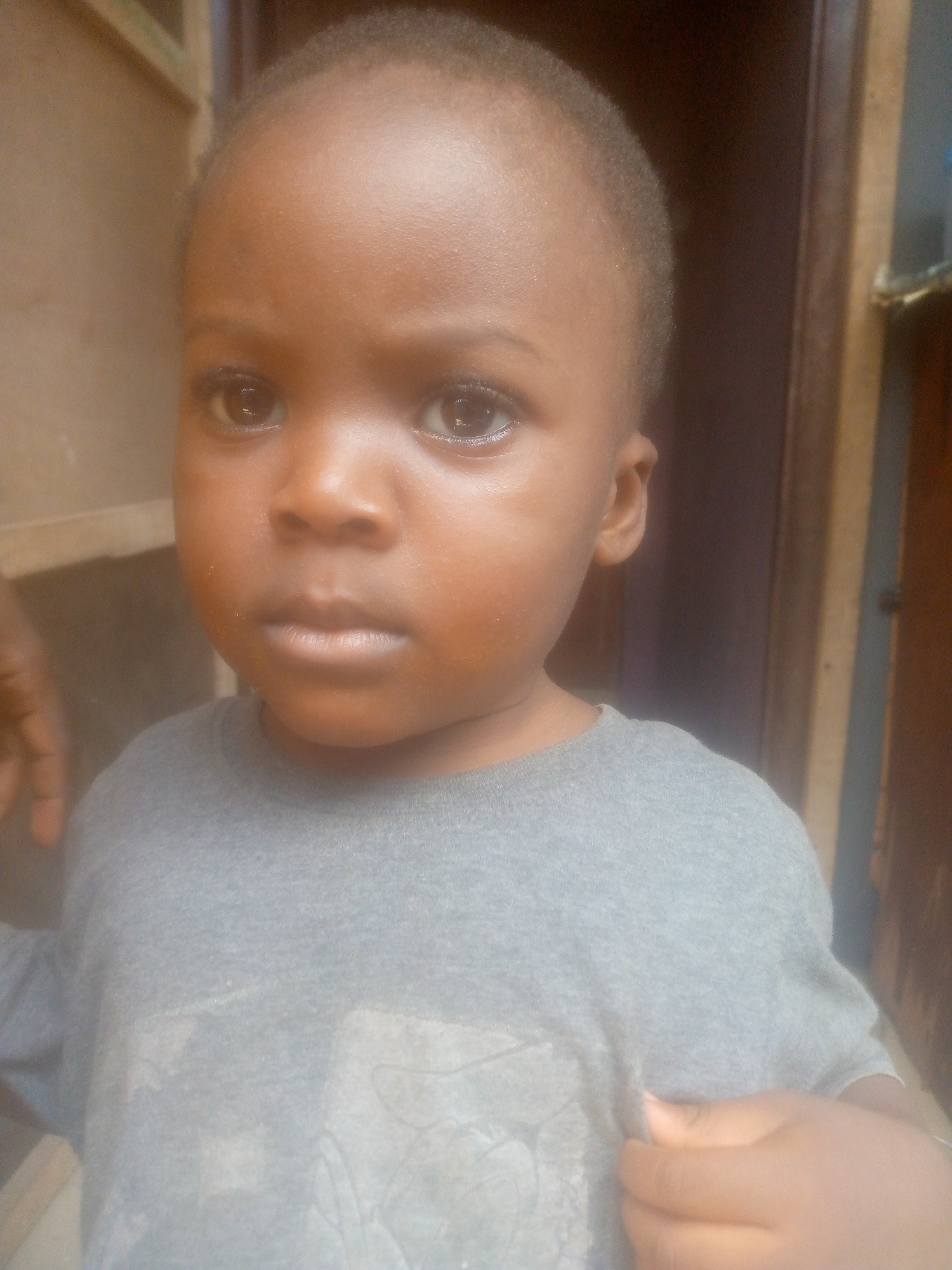 The image is a medium close-up portrait of a young child, likely a toddler or preschooler. The child has dark skin, large dark eyes, and very short, dark, closely cropped hair. They are looking directly at the camera with a neutral, slightly serious, or contemplative expression.
The child is wearing a plain grey, short-sleeved t-shirt. A faint, faded graphic or design is visible on the front of the shirt, but its details are indistinguishable. The background is softly blurred and features warm, earthy tones of brown and beige, suggesting an indoor setting. On the right side of the frame, a darker vertical element could be part of a door frame or furniture. A hand is partially visible on the left side of the child's torso.
The lighting is soft and even, without harsh shadows, implying ambient light or diffuse indoor lighting, possibly during the daytime. There are no clear cues regarding the weather or specific location beyond being indoors. No discernible text is visible in the image.