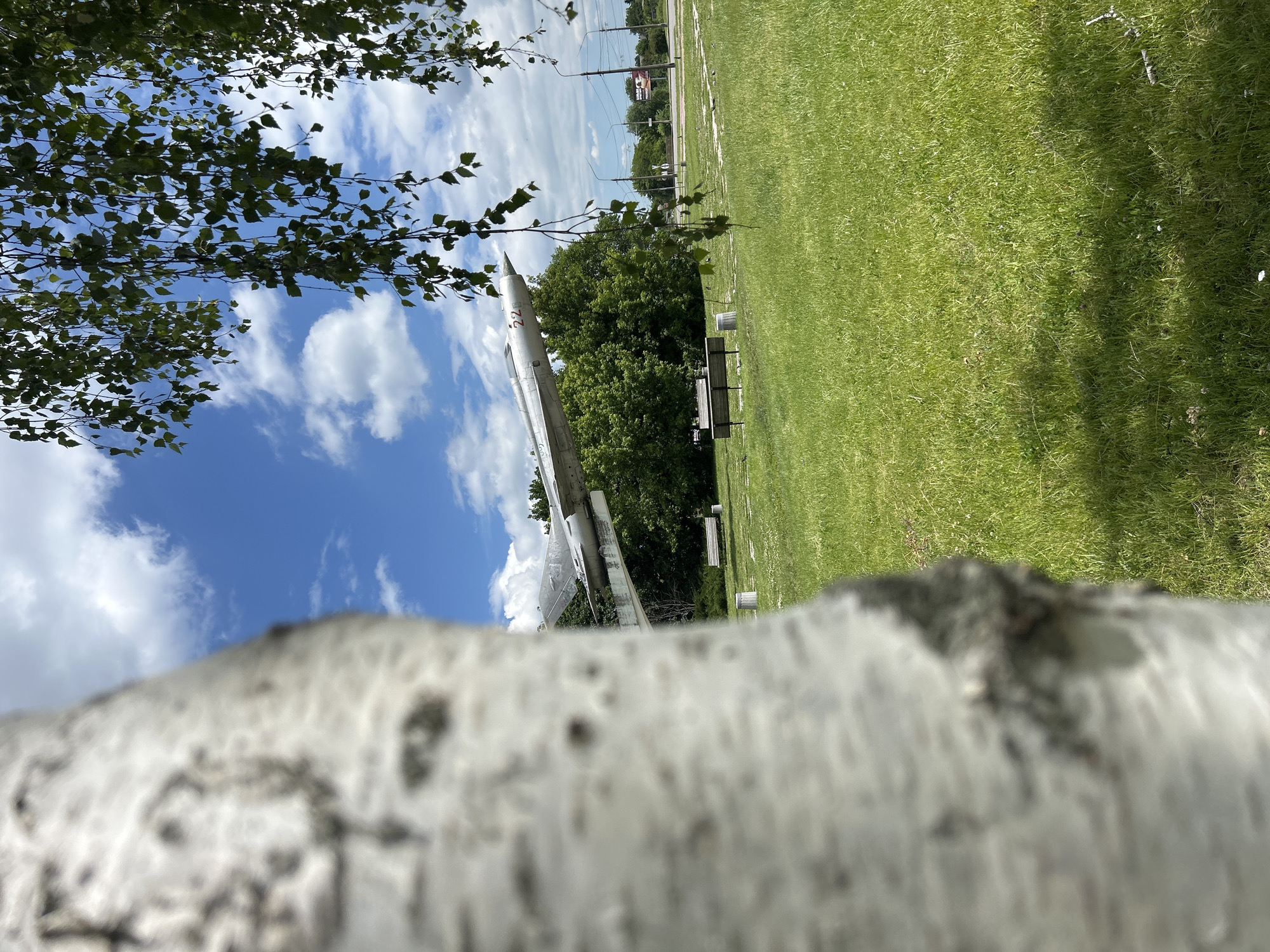 The image shows an outdoor scene in Bila Tserkva, Ukraine. In the foreground, the blurred trunk of a birch tree is visible on the left. Beyond the tree, a grassy field with several benches and trash receptacles stretches towards the background. An old, silver-colored airplane is mounted on a concrete structure in the middle ground, positioned at an upward angle. Trees and greenery surround the airplane and the field. In the distance, streetlights and buildings are visible, suggesting a semi-urban or park setting. The sky is blue with scattered white clouds.
