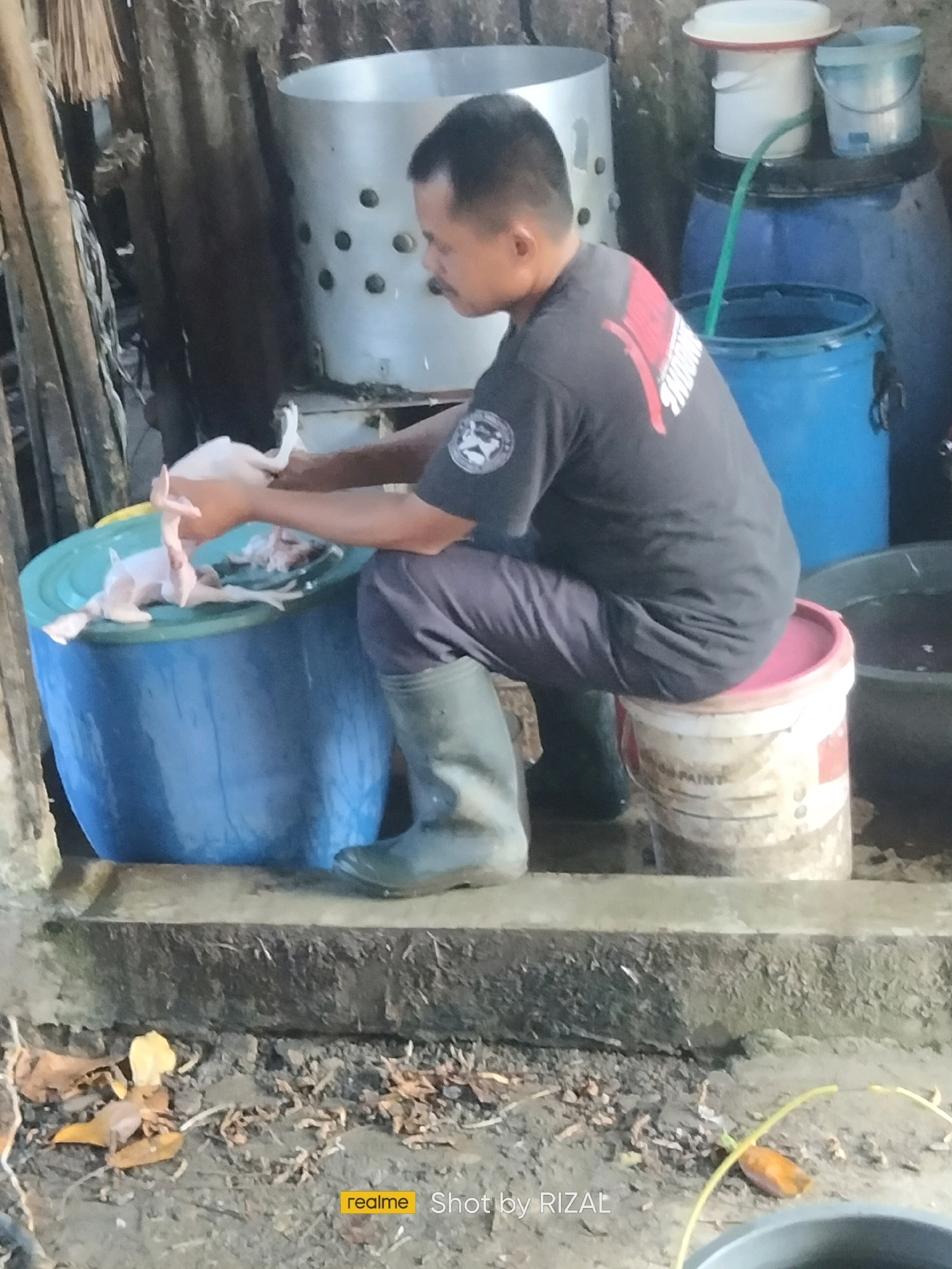 In Binong, Indonesia, a man is shown processing a chicken. He is seated on a paint bucket, wearing dark pants and green rubber boots, with a dark t-shirt featuring a red and white design and a circular emblem on the left sleeve. His hands are engaged with a partially processed chicken, which is positioned on the rim of a large blue plastic tub. The tub contains water and what appears to be chicken parts. In the background, several large containers are visible, including a metal cylinder with circular holes, and various blue and white plastic barrels. The scene is outdoors, with a muddy ground littered with dry leaves and a piece of yellow string. A concrete ledge runs along the foreground, suggesting an outdoor workspace.