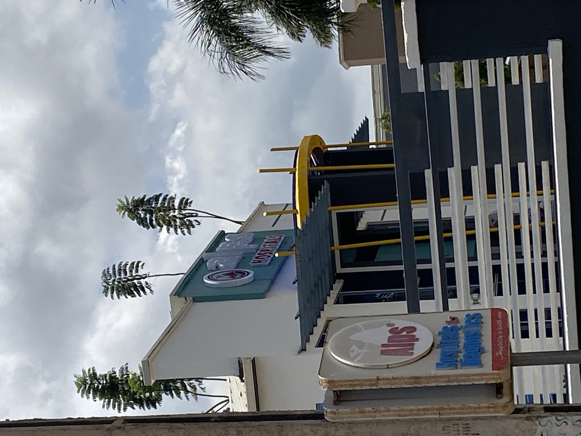 The image shows the exterior of "Alps Hospitals" in Gura Top, Nigeria. The building is white with a teal-colored facade featuring the hospital's name and logo. Several decorative trees with frond-like foliage are planted on the roofline, adding an unusual architectural element. A sign on a pole in the foreground also displays "Alps Hospitals & Diagnostics." The sky is cloudy, and part of a palm tree is visible on the right side of the frame. The scene appears to be a sunny day.