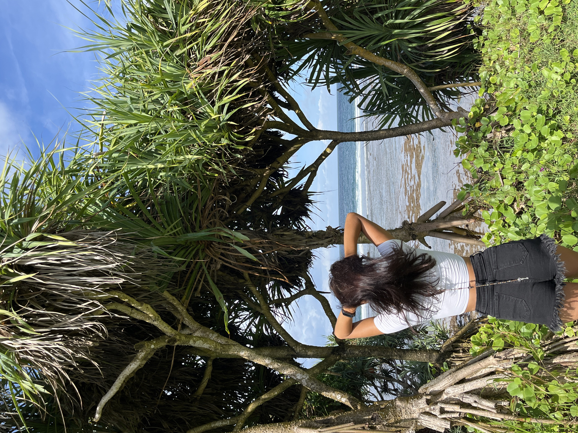 A woman is captured from behind, standing amidst dense tropical foliage, gazing out towards the ocean. She has long, dark hair and is wearing a white crop top and dark denim shorts with frayed edges. Her arms are raised, with hands behind her head or neck, indicating a relaxed posture as she views the scenery. A black smart band is visible on her left wrist, and a beaded chain adorns her lower back, connecting her top to her shorts.
The scene is set on a sunny day, likely at a tropical coast. Lush green vegetation, characterized by spiky leaves and multi-branched trunks resembling pandanus trees, frames the upper and side portions of the image, creating a natural window to the sea. Through the leaves and branches, the light blue ocean is visible, with gentle waves breaking on what appears to be a shallow, light-colored sandbar or reef. The sky above is a clear, vibrant blue with minimal cloud cover, suggesting pleasant weather. The overall atmosphere conveys tranquility and appreciation for nature in a coastal setting like Kuta Selatan, Indonesia. No text is visible in the image.