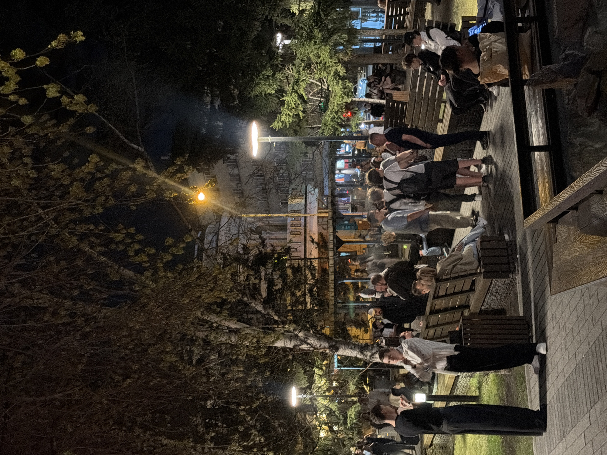 At night, the image shows a gathering of people in a public space in Krasnoyarsk, Russia. A row of wooden benches lines a paved walkway. Groups of people are seated and standing, mostly in casual attire. Some appear to be looking at their phones, others are conversing. Streetlights illuminate the scene. Trees are present on both sides of the walkway. Buildings can be seen in the background.