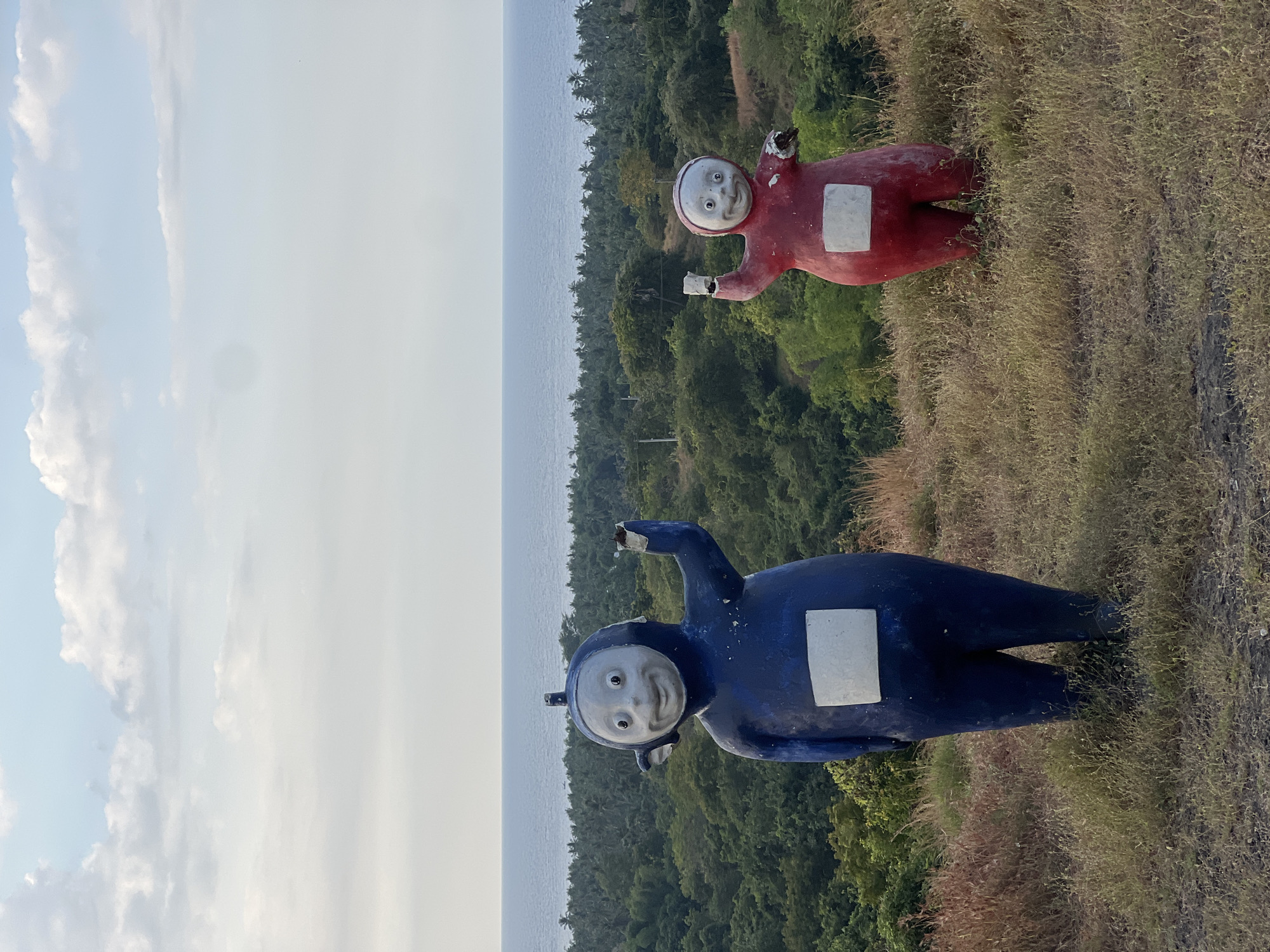 The image shows two large, blue and red Teletubby statues standing on a grassy slope overlooking a body of water and a densely wooded area. The statues are positioned at different heights on the slope, with the blue Teletubby in the foreground and the red one further back and higher up. Both statues have their arms raised, as if waving. The blue Teletubby is facing the viewer, while the red Teletubby is angled slightly away. The background consists of the ocean stretching to the horizon under a bright, overcast sky. The wooded area appears to be a tropical forest. The overall impression is one of whimsical decoration in an outdoor setting. The image appears to be taken during the daytime, likely in the late afternoon or early morning given the soft light. The location is identified as Kubutambahan, Indonesia, suggesting a tropical climate. There is no visible text in the image.