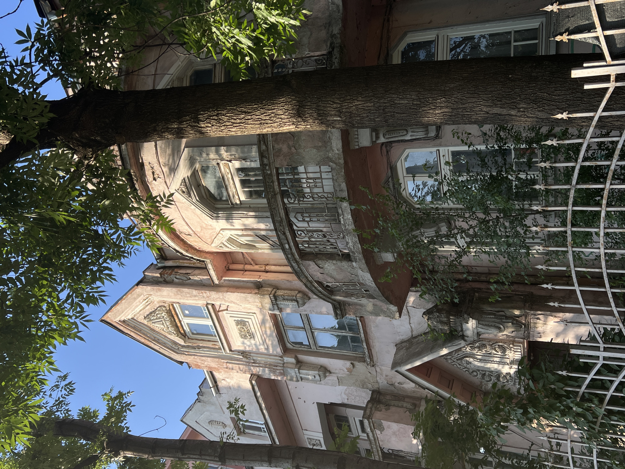 The image captures an exterior view of an old, ornate, light pink building with architectural details indicative of Art Nouveau or Secessionist style, situated in the city of Sofia, Bulgaria. The building exhibits signs of age and disrepair, with peeling paint and weathered facades.
Prominently featured in the foreground is a large tree trunk, its rough bark textured and dark brown, positioned slightly to the right of the frame. Lush green foliage from trees frames the top and sides of the image, partially obscuring the building and casting shadows.
The building itself showcases several windows, some arched and others rectangular, with white frames and clear glass reflecting the bright blue sky. Decorative elements are visible, including intricate carvings above an entrance and a curved balcony with a wrought-iron railing. A white metal fence runs along the bottom of the image, partially overgrown with greenery, separating the viewer from the building. The overall impression is one of a grand, albeit neglected, historical structure set amidst a natural, verdant environment. The lighting suggests it is daytime, with the sun casting sharp contrasts and highlighting the textures of the building and the tree.