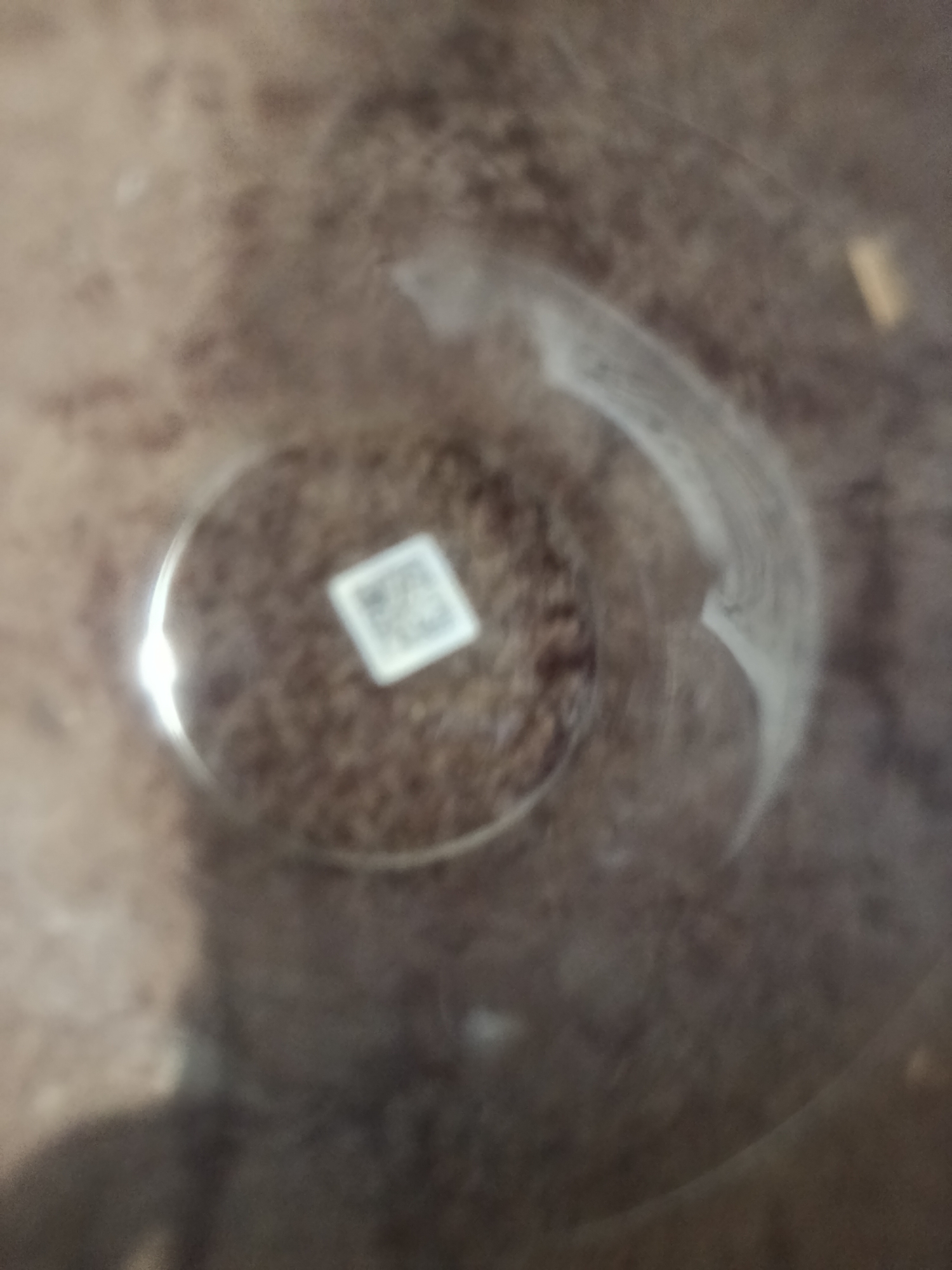The image shows a close-up, slightly blurry view of a clear plastic container with a brown, granular substance inside. In the center of the container, there is a small, white square sticker with a QR code printed on it. The lighting in the image creates some reflections and glare on the plastic. The environment appears to be indoors, with a neutral-colored background. There are no people or animals visible in the image, and no actions or interactions are depicted. There is no information available to indicate the location in the city of Ust-Ilimsk, Russia.