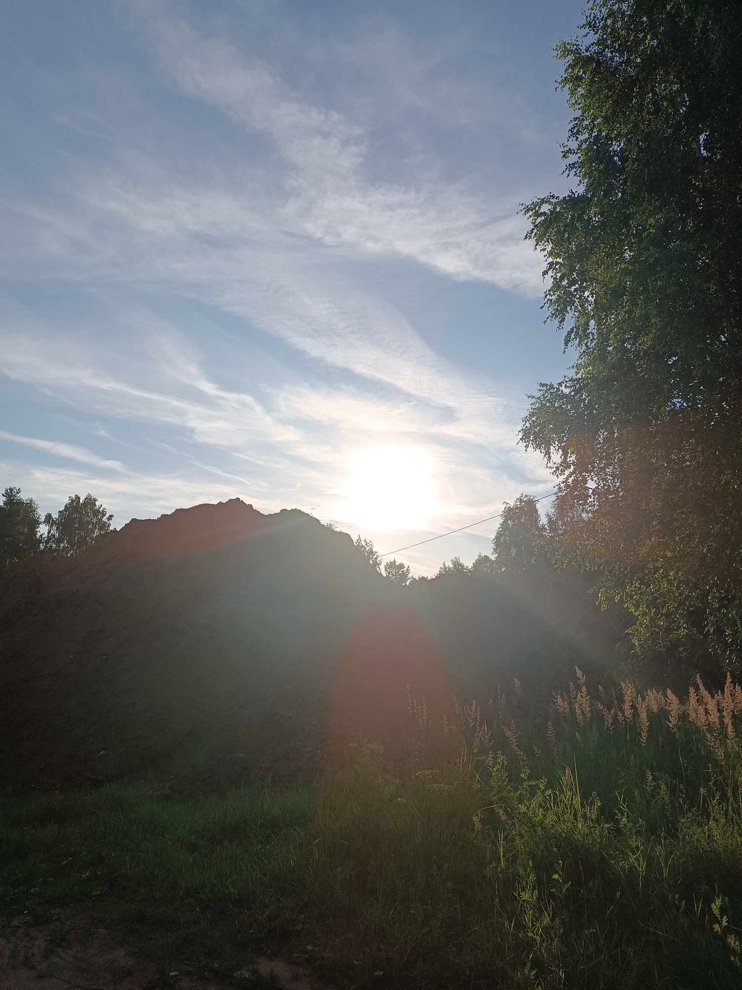 A wide-angle, low-angle outdoor shot depicts a landscape under a bright sky with thin, wispy clouds. The sun is visible as a luminous orb in the upper center of the frame, casting a lens flare and a strong glow across the scene. In the foreground, a mound of dark earth dominates the left side, silhouetted against the bright sky. To the right, tall grass and reeds are illuminated by the sunlight, creating a textured field. In the background, a line of trees and foliage is visible, with a large tree on the far right of the frame. The overall impression is a natural, somewhat uncultivated outdoor space, possibly on the outskirts of Chaikovsky, Russia, given the typical landscape features. There are no people or animals visible in the image.