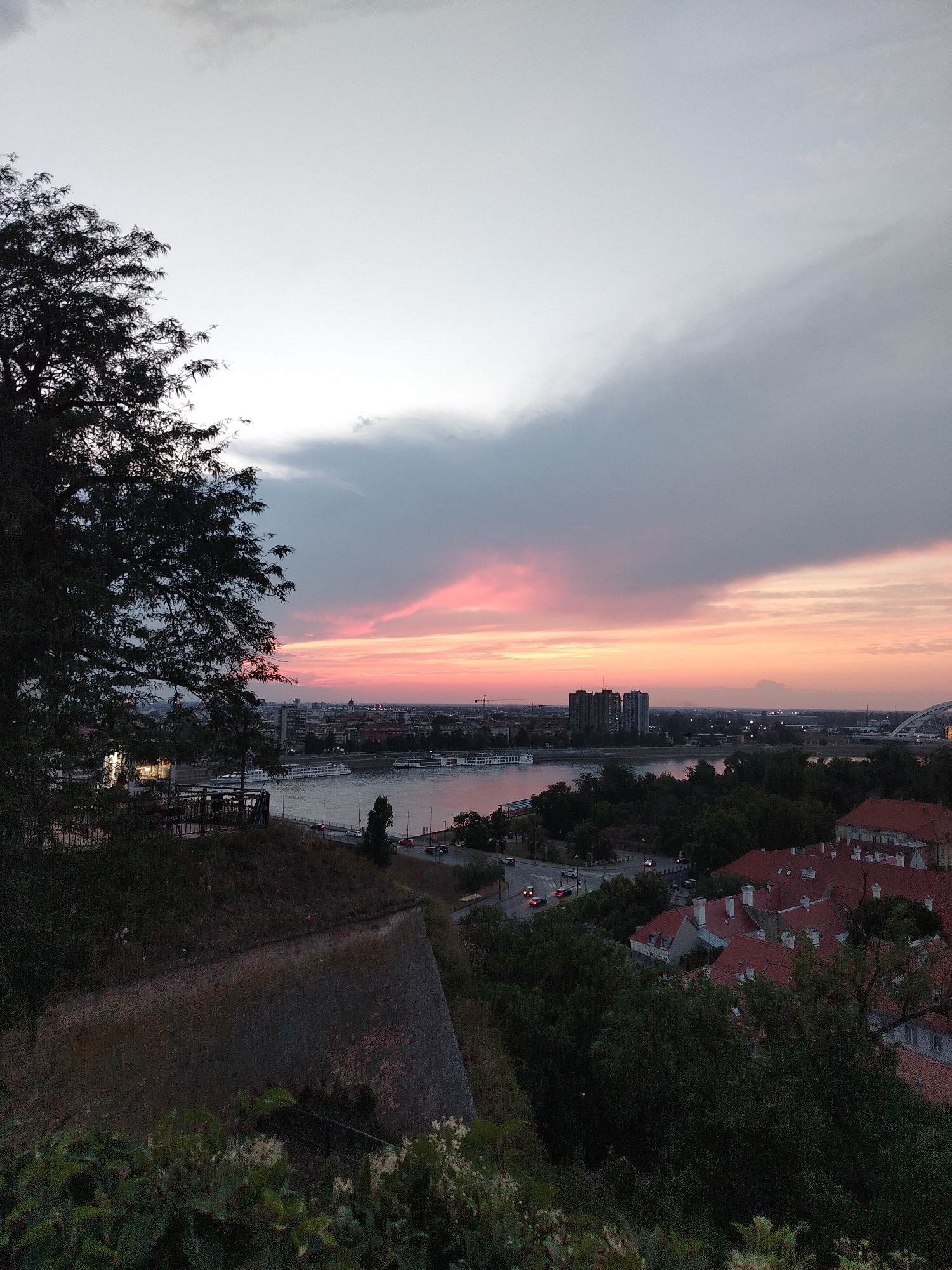 The image captures a sunset view from the Petrovaradin Fortress in Petrovaradin, Serbia. The foreground features the dark silhouette of a large tree on the left and the weathered brickwork of the fortress walls. Beyond the fortress, a wide river, likely the Danube, flows through a city. Several buildings, including some with red-tiled roofs, are visible on the far bank of the river, interspersed with green trees. In the middle ground, a promenade or walkway runs along the riverbank, with some scattered vehicles. Further in the distance, tall buildings and a bridge are visible. The sky is dominated by a dramatic sunset, with clouds painted in hues of pink, orange, and grey. The overall scene depicts a serene urban landscape at dusk.