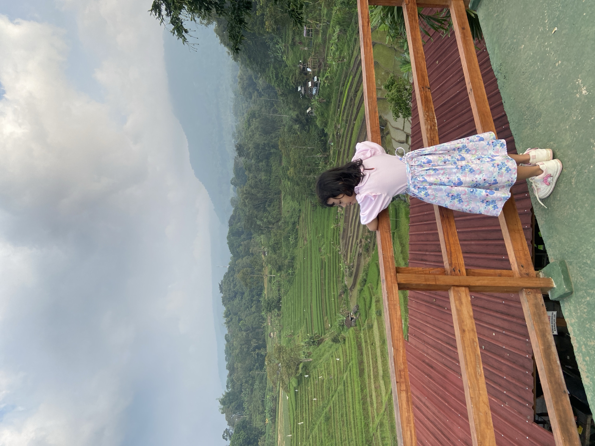 A young girl with dark hair, wearing a pink top and a floral skirt, leans over a wooden railing overlooking a rice paddy terrace in Tamiajeng, Indonesia. The terraced landscape is green and lush, stretching out towards a distant mountain range obscured by clouds. The sky is overcast. The wooden railing is constructed of vertical posts and horizontal supports, with a section of red roofing visible beneath it. The girl's feet are clad in white sneakers with pink accents. The vantage point appears to be an elevated platform or balcony.