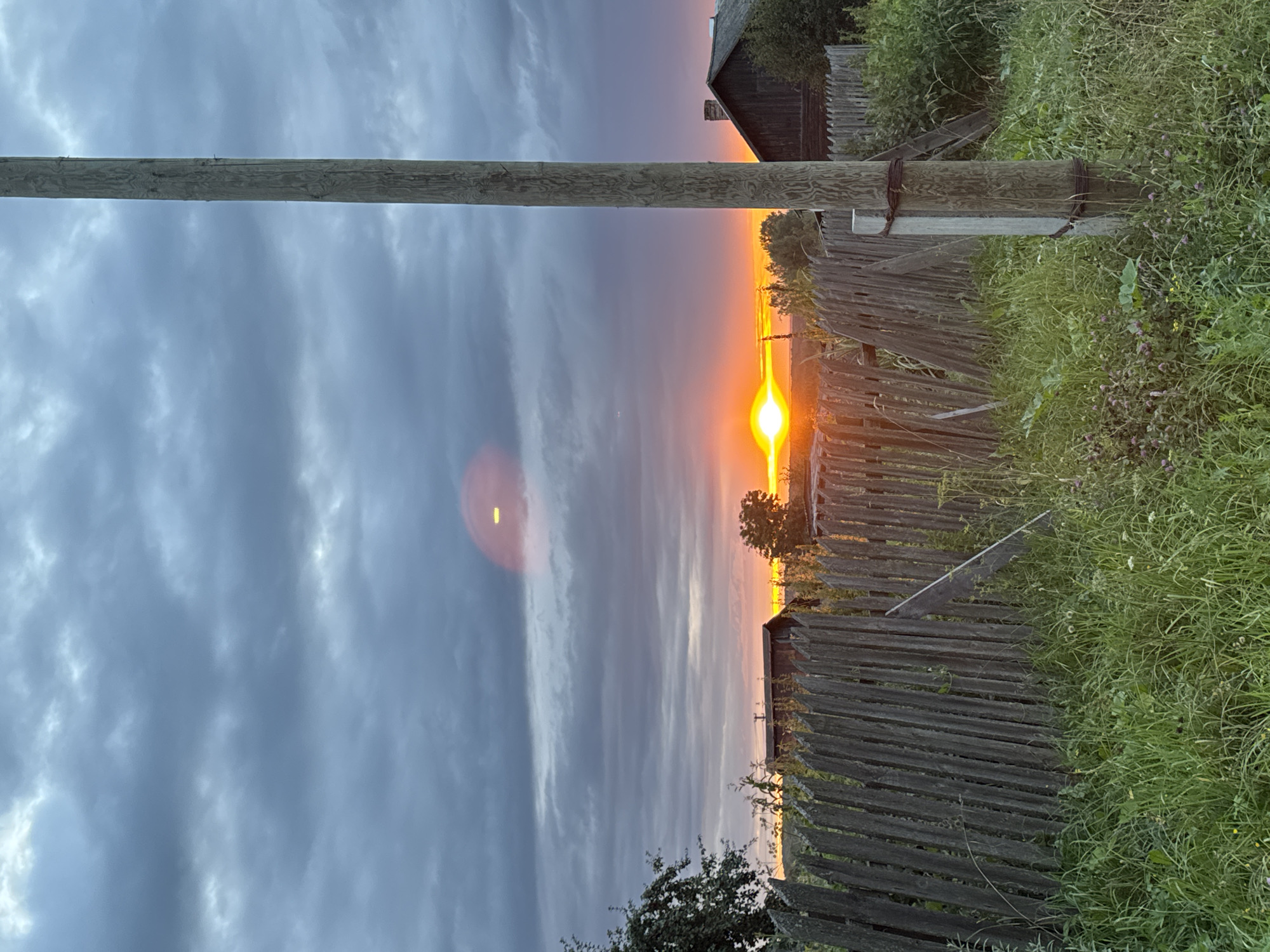The image depicts a sunset over a rural landscape in Borodulino, Russia. A wooden fence made of vertical planks runs diagonally across the foreground, with tall green grass growing in front of and behind it. To the left, a tree with dark green foliage is visible. In the mid-ground, there are several rustic wooden buildings, including one with a peaked roof and another with a chimney. The sky is filled with dramatic, dark gray clouds, through which a bright orange sun is setting, casting a warm glow. A vertical wooden utility pole stands prominently in the right foreground, secured by ropes to a central concrete support. The overall scene suggests a serene, end-of-day atmosphere in a village setting.