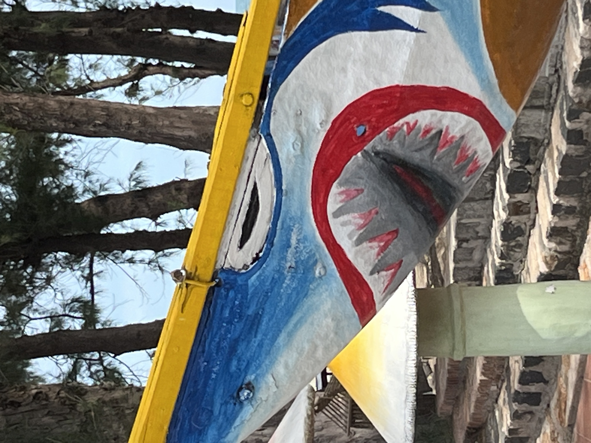 The image shows a close-up view of a boat painted with a shark face, situated outdoors. The boat's hull is predominantly white, with blue and red accents forming the shark's features, including its open mouth with sharp teeth. A yellow stripe runs along the top edge of the boat. In the background, several trees with rough bark are visible, and a glimpse of the sky can be seen through their branches. In the foreground, a light green cylindrical object topped with a white and yellow conical structure, resembling a mushroom, is partially visible, along with stone steps. The scene appears to be a public space or a waterfront area. The exact location in Phu Thuy Ward, Vietnam is not discernible from the visual information provided.