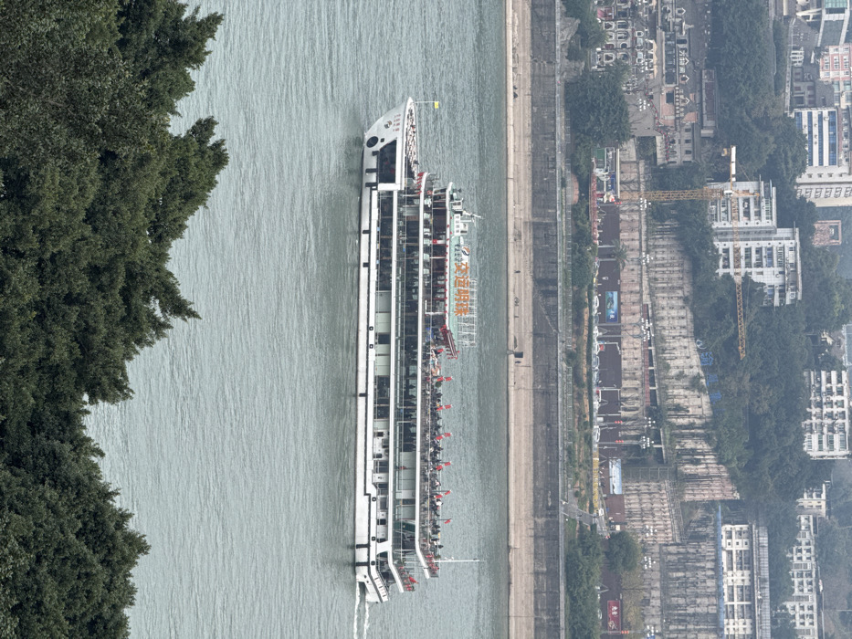 A large, white cruise ship dominates the scene, positioned on a body of water, its length parallel to the shore. Red flags decorate its sides. Lush, green trees are visible on the left. On the right, the shore is lined with a concrete barrier, beyond which lies a cityscape with buildings, roads, and trees. A yellow construction crane is also present in the cityscape. The buildings vary in height and architectural style.
