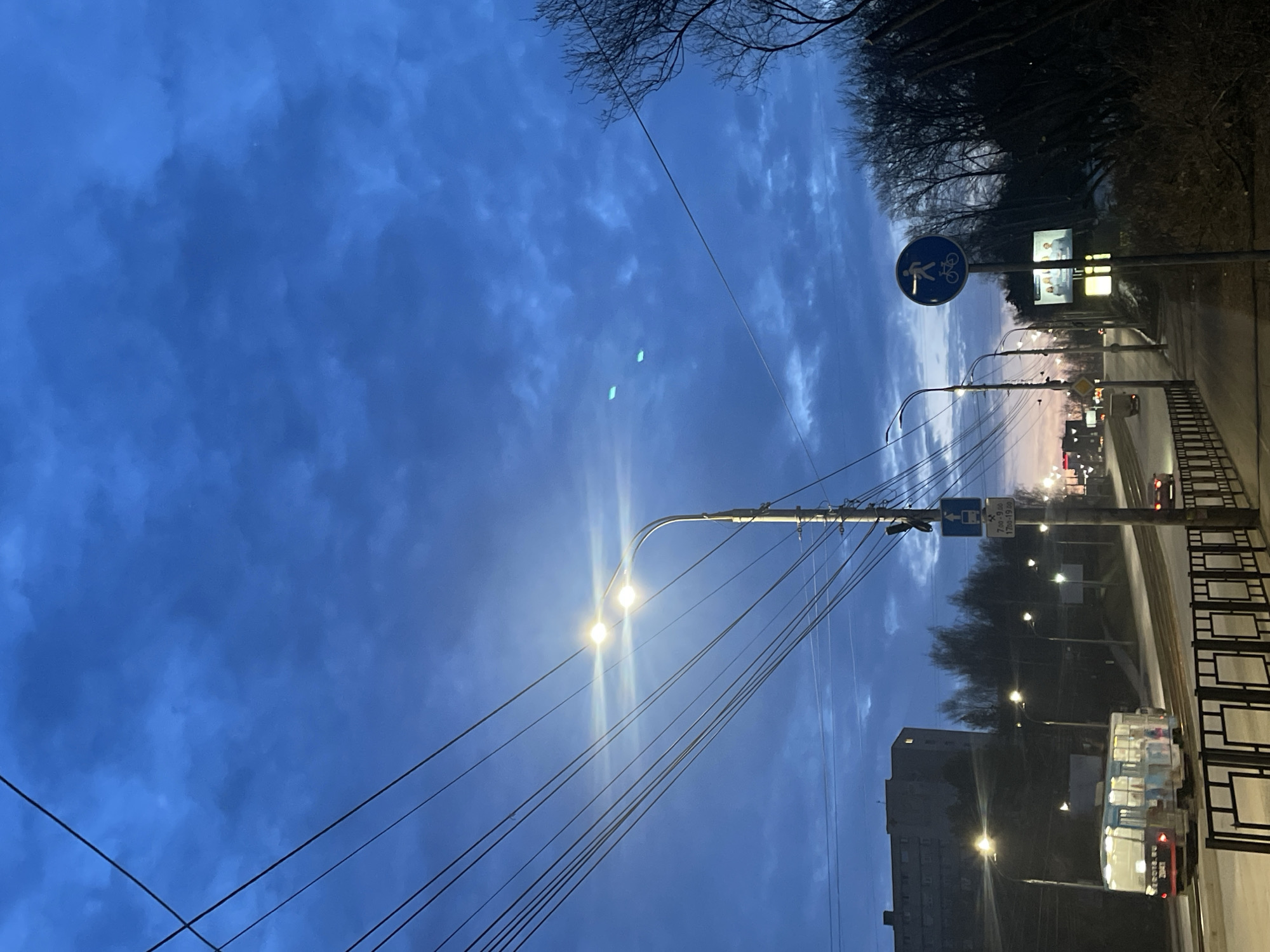 The image depicts an urban scene at dusk in Izhevsk, Russia. The sky is a deep blue, textured with clouds. Overhead power lines stretch across the frame from a street light with two illuminated bulbs. Road signs are mounted on a pole to the right, featuring symbols for pedestrians and cyclists. A tram travels on tracks beside a fence. Background features buildings and trees.