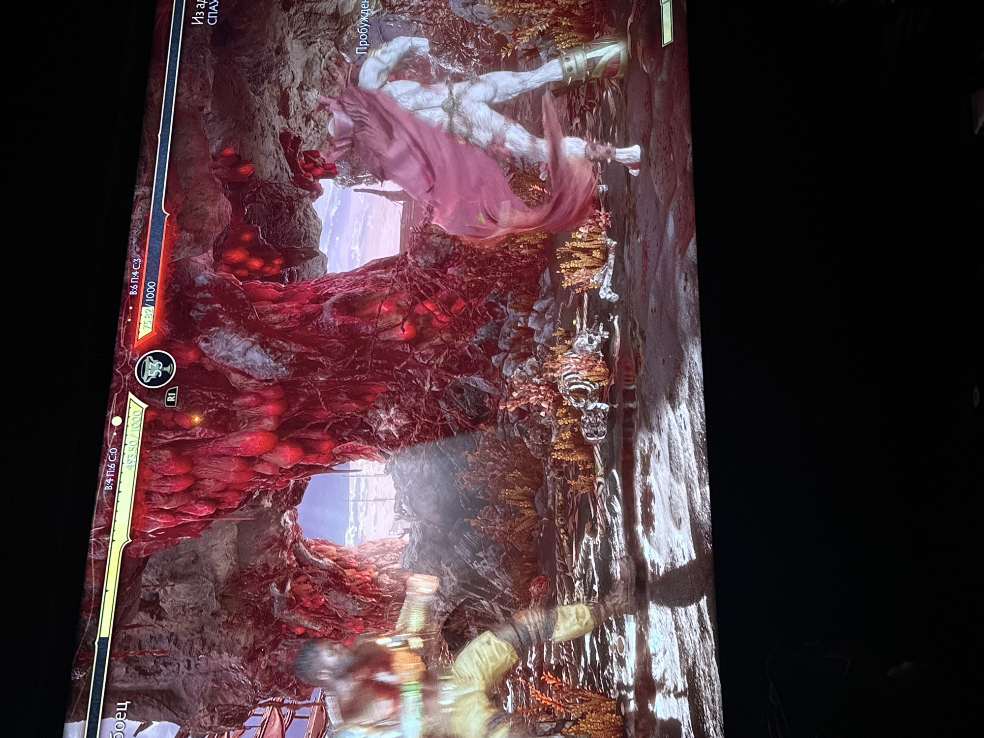 The image is a photograph of a television screen displaying gameplay footage of what appears to be a fighting video game. Two characters are visible in a dynamic combat pose against a background of a reddish, fleshy cave-like environment. The left character's health bar reads approximately 75.32/1000, and the character on the right has approximately 493.50/1000. The scene includes elements of fantasy or horror, with the environment resembling organic matter and bones. The top corner is partially visible and has text in a language other than English, possibly Russian or Ukrainian. There is no indication this is Yerevan, Armenia.