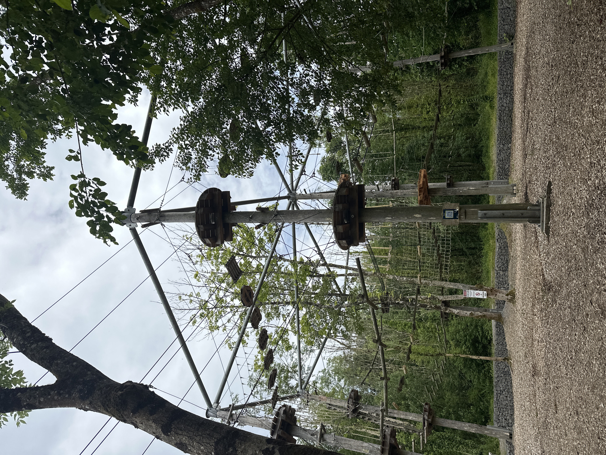This image shows an aerial adventure park with ropes courses and wooden platforms suspended between trees and metal poles. The park is set in a wooded area, with a gravel-covered ground and a stone wall at the base of the structures. The sky is overcast. The park is located in Castlecomer, Ireland.