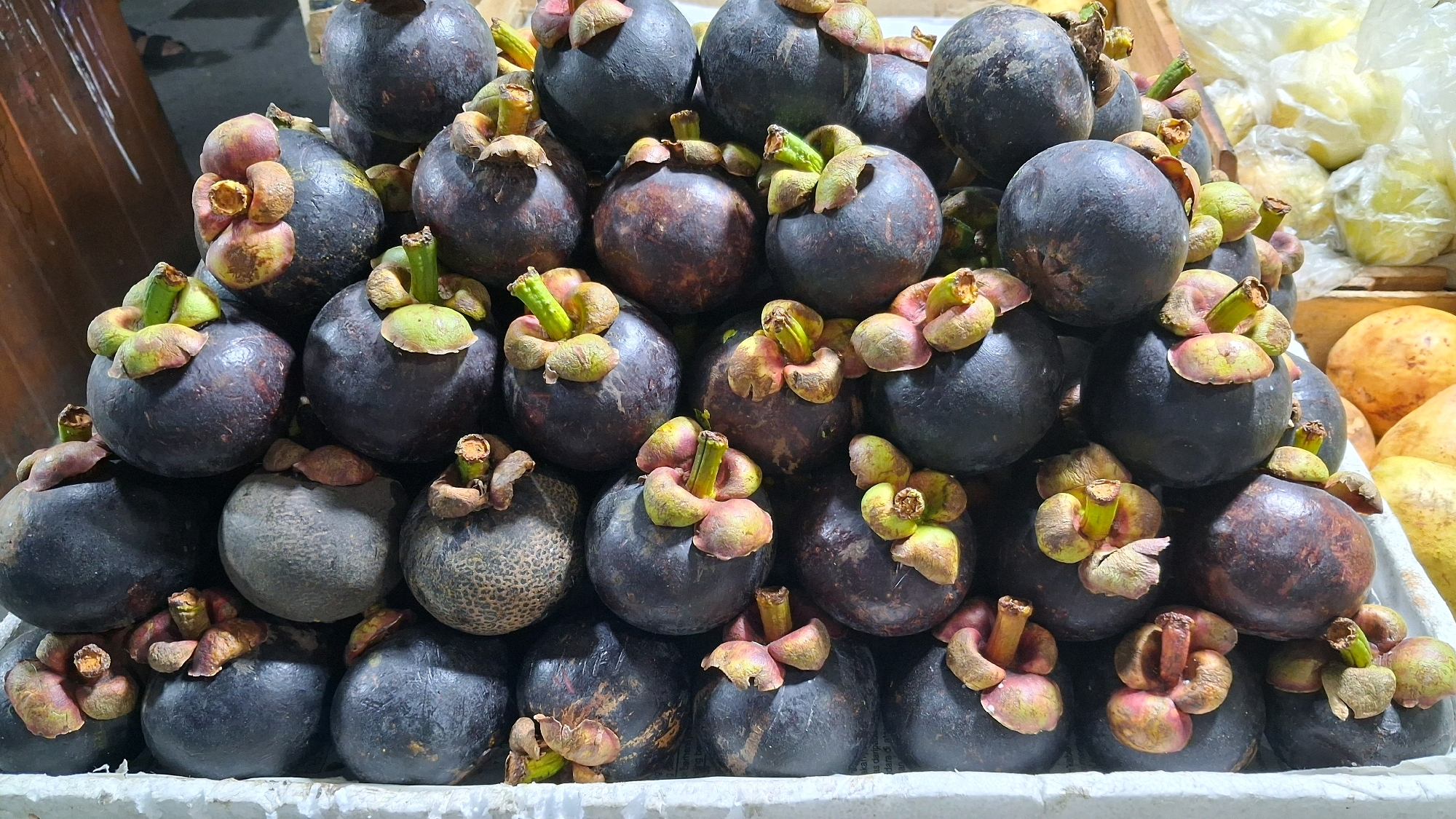 A close-up, eye-level, medium shot captures a large pile of mangosteen fruits displayed on a white surface, possibly a market stall. The fruits are dark purple, round, and have distinctive green sepals at their tops. Some sepals are tinged with red and brown. The mangosteens are stacked in a somewhat haphazard, organic pile, with individual fruits clearly visible. The lighting is natural, suggesting an outdoor or well-lit indoor environment. In the background, out-of-focus elements include what appear to be more fruits (possibly guavas and other yellow fruits) in plastic bags and a wooden structure on the left, hinting at a market setting. The image is sharp and detailed, allowing for clear observation of the texture and color of the mangosteens. The overall impression is one of abundance and freshness. This scene is consistent with a fruit market in Yogyakarta, Indonesia, known for its tropical produce.