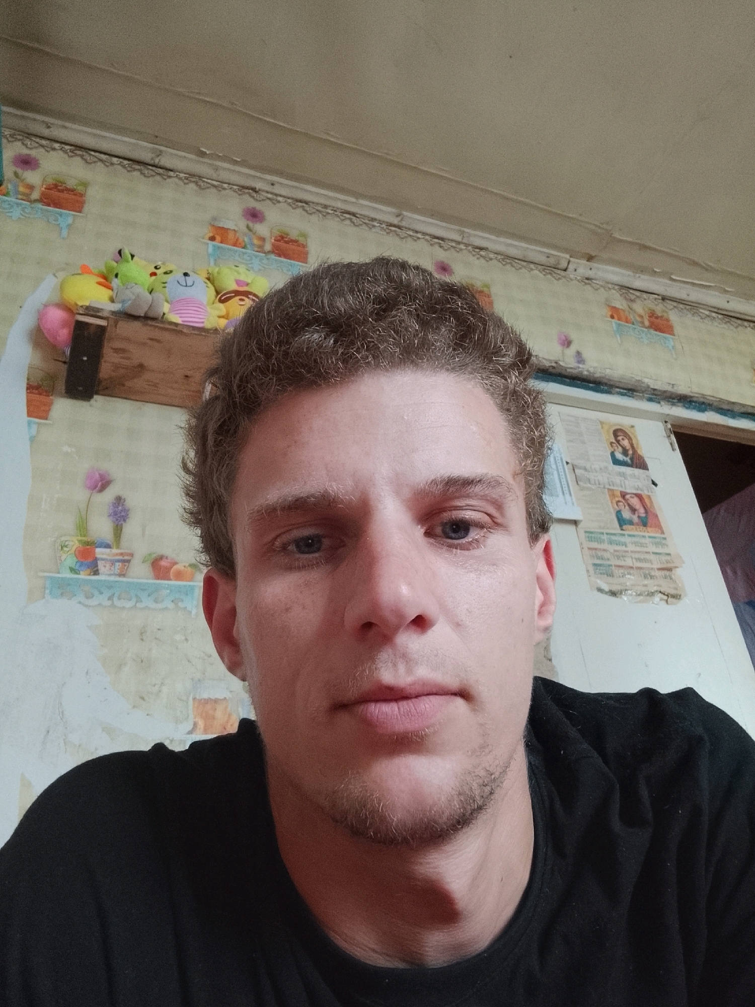 A close-up, selfie-style photograph captures a light-skinned individual, appearing to be male, from the chest up. He has wavy, light brown hair and blue eyes. His face is clean-shaven except for a light stubble on his chin. He is wearing a plain black t-shirt. The background features a wall with yellow, patterned wallpaper depicting floral designs and shelves adorned with stuffed animals and what appear to be small potted plants. To the right of the subject, on the wall, are two religious icons. The scene suggests an indoor setting, possibly a residential room, with a slightly aged or worn aesthetic. There are no other people or animals visible in the frame. The lighting is moderate, casting subtle shadows.