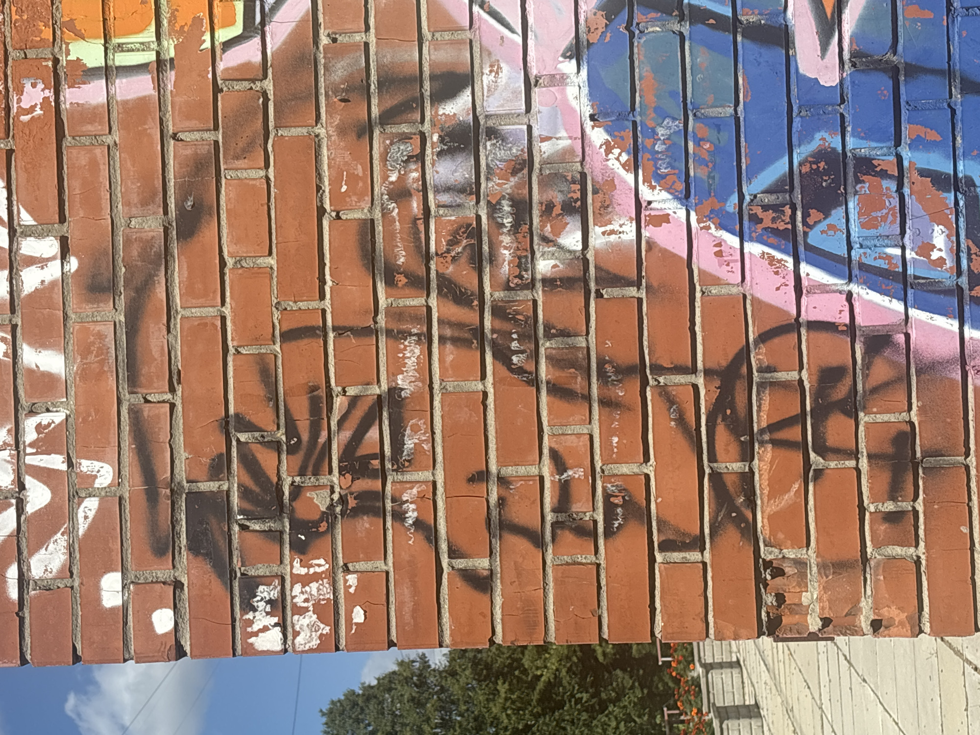 The image depicts a close-up view of a brick wall covered in graffiti. The wall is constructed of standard red bricks. The graffiti features a mix of colors, including black, white, pink, blue, and orange. The black graffiti appears to be spray-painted and forms abstract shapes and lines. There are areas where the paint has chipped or peeled off the bricks. To the left of the wall, a glimpse of a green tree and a blue sky with some clouds is visible. In the lower left corner, a portion of a paved walkway and a low concrete barrier with some plants behind it can be seen. The setting appears to be outdoors, possibly in an urban environment. The image does not contain any identifiable people or specific Novosibirsk landmarks.
