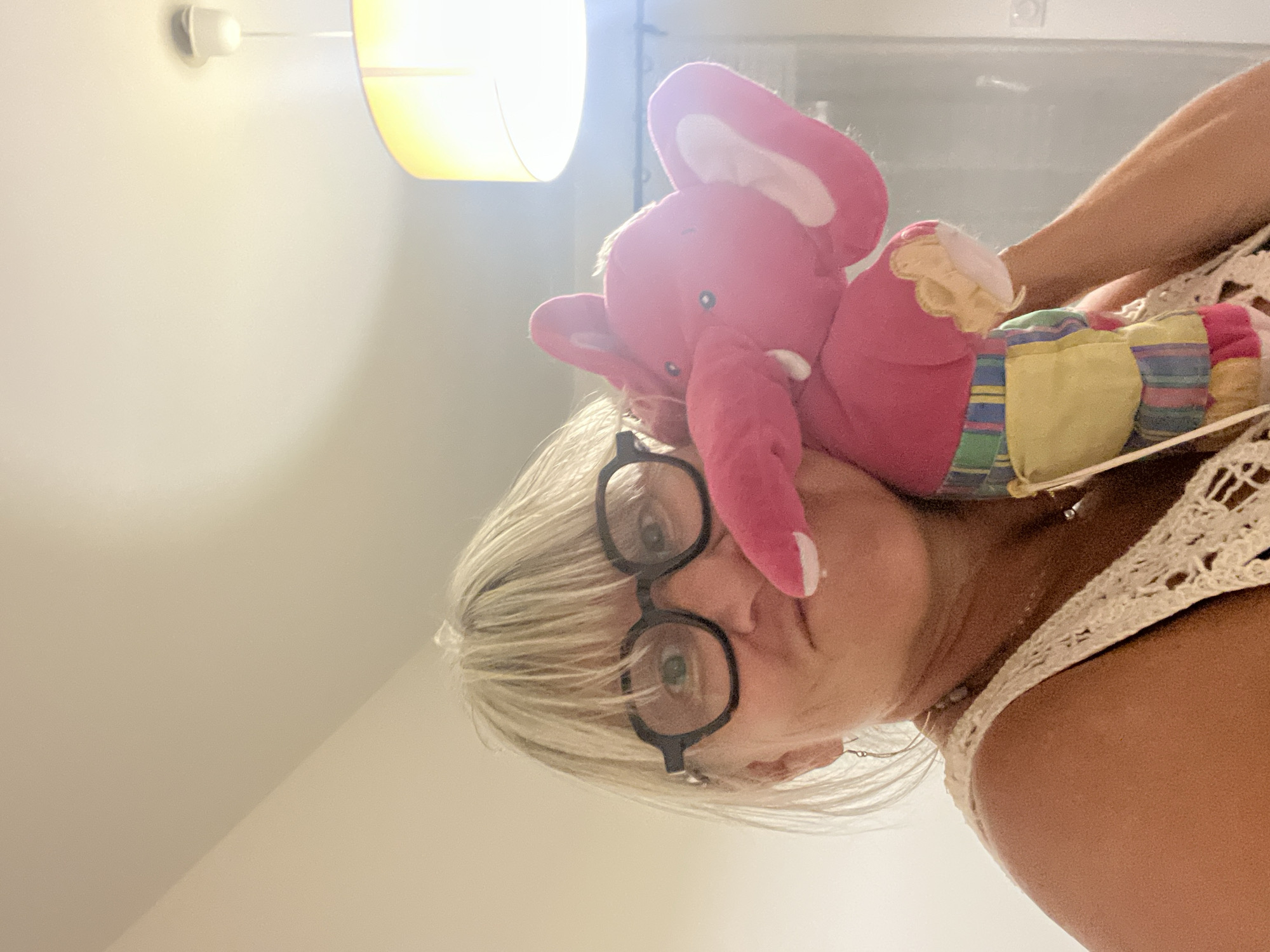A selfie is taken from a slightly low angle, showing a person holding a pink stuffed elephant in front of their face. The person has short blonde hair, wears black-rimmed glasses, and has a necklace and an earring. The stuffed elephant is bright pink with large ears and a colorful striped and yellow outfit. The background appears to be an indoor setting with a cream-colored wall and a ceiling light fixture with a yellow shade. The image suggests a casual or playful moment. The exact location within Chambœuf, France, cannot be determined from the visual information provided.