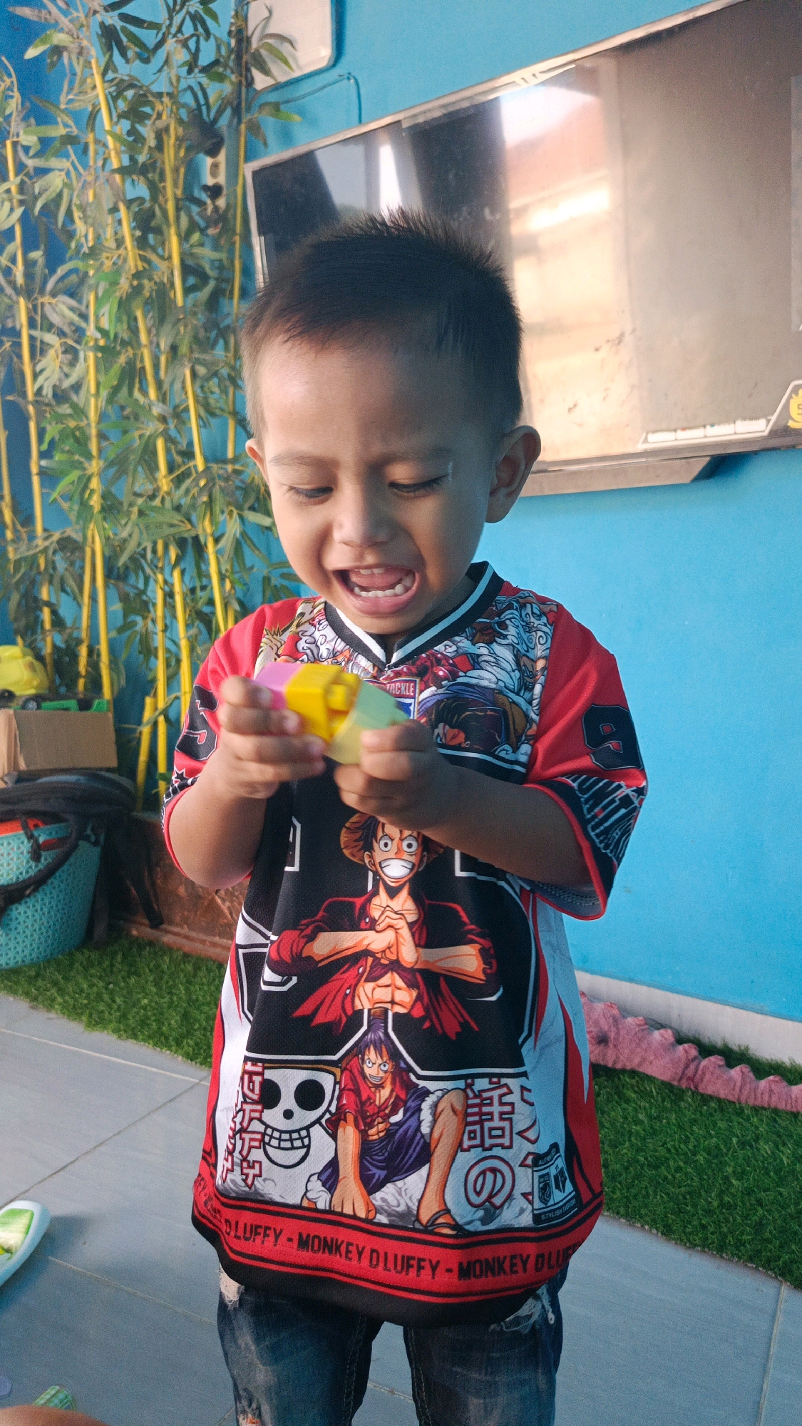 In Metro City, Indonesia, a young boy is pictured indoors, holding a small, multi-colored toy. He is wearing a black and red t-shirt adorned with a graphic of the anime character Monkey D. Luffy from One Piece, along with Japanese characters and a skull motif. The boy's mouth is open, and he appears to be in distress or crying. Behind him, a television screen is mounted on a bright blue wall, and a tall, artificial bamboo plant with yellow stalks and green leaves stands to the left. The floor is tiled, and a small patch of artificial grass is visible to the right. A blue woven basket and a cardboard box are also present in the background.
