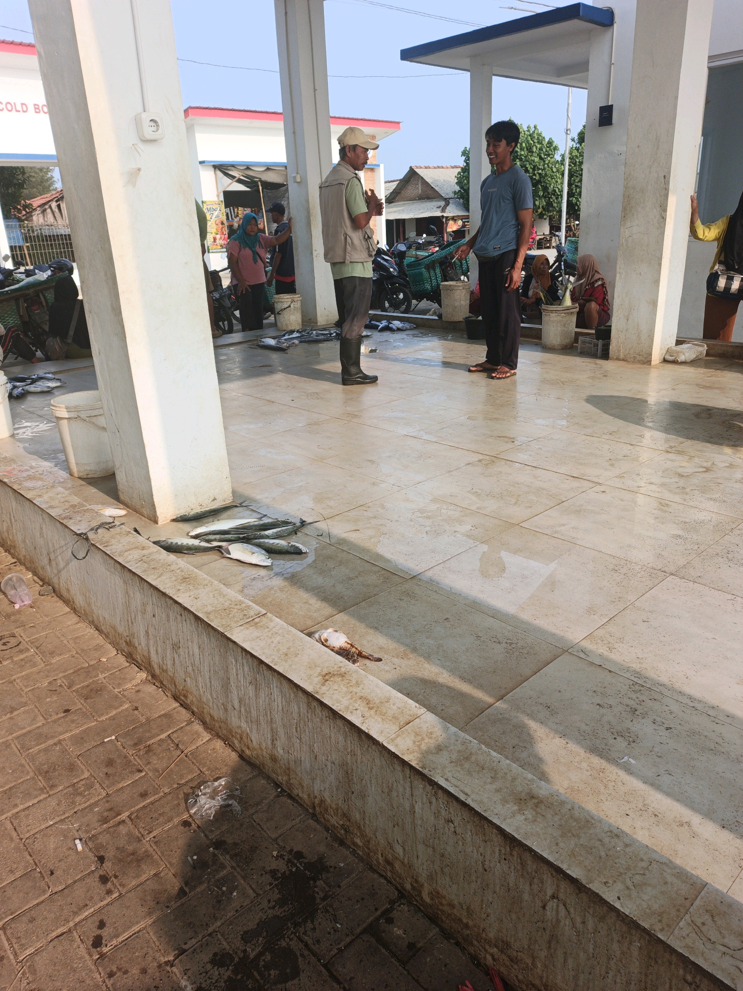 The image depicts an outdoor scene, likely a fish market, in an Indonesian locale. Two men are engaged in conversation, standing on a tiled floor under a covered structure with white pillars. One man, wearing a beige vest and cap, faces the other, who is dressed in a blue t-shirt and dark pants. The tiled floor appears wet, with scattered fish lying on it in the foreground. To the left, a woman in a blue headscarf and pink shirt is visible, along with other individuals and motorcycles in the background. A white bucket and a plastic bottle are also present. The environment suggests a sunny day, with shadows cast on the floor. The presence of fish and market activities points to a commercial setting related to seafood trade.