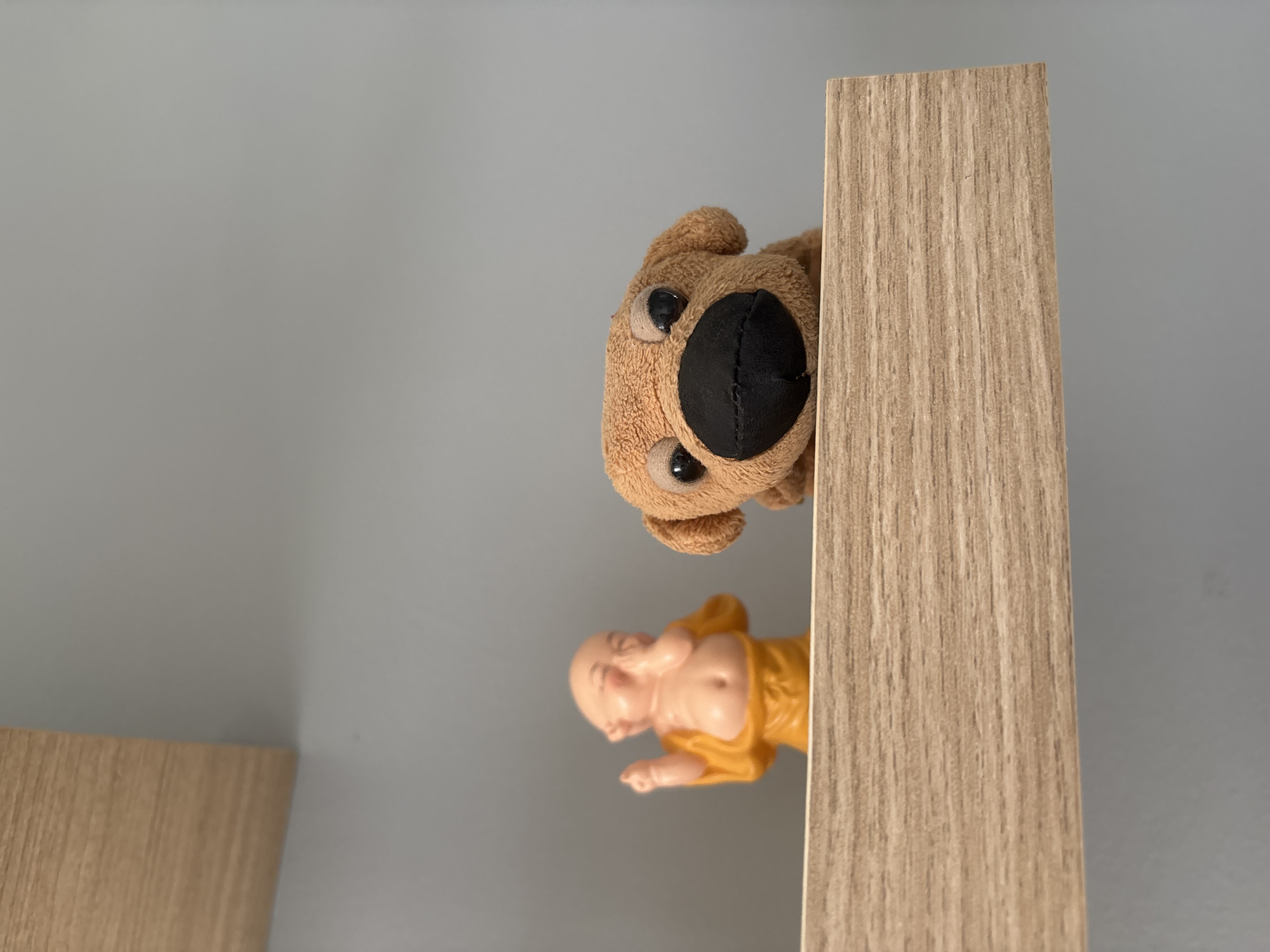 Two figurines are positioned on a light-colored wooden shelf. On the left, a small, bald figurine dressed in an orange robe is depicted with its hand covering its mouth, seemingly laughing or suppressing a sound. To its right, a plush, brown toy dog with large black eyes and a black nose is peeking over the edge of the shelf. The background is a plain, light gray wall. The shelf is mounted on the wall, and another shelf is visible above and to the left of the main shelf, out of focus.