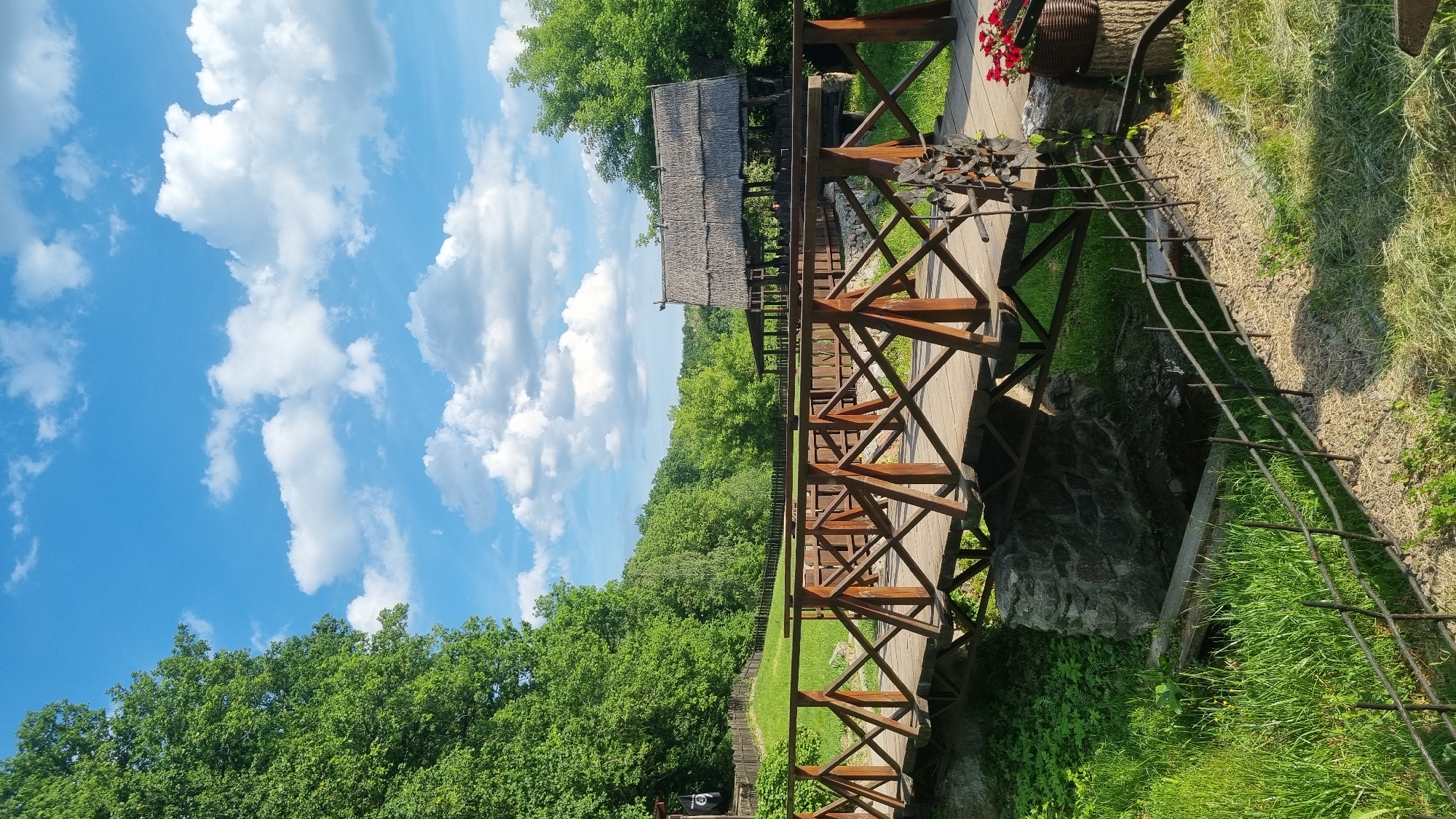 This image captures an outdoor scene featuring a wooden footbridge and traditional architecture amidst lush greenery under a bright sky. The setting is in the city of Buda, Ukraine.
In the foreground, a low, dark-colored metal fence with irregular vertical posts runs horizontally across a patch of light-colored ground and vibrant green grass. To the immediate right, a woven basket containing red flowers rests on a cut tree stump, positioned next to a dark, abstract metal decorative element.
A wooden footbridge, constructed with a light-brown plank deck and dark-brown criss-cross railings, spans a narrow stream or ditch. The bridge is supported by visible stone masonry abutments on both banks. The water in the stream appears dark and flows from left to right under the bridge.
Beyond the bridge, the terrain is covered in dense green grass and ascends towards a thick forest line of deciduous trees, which occupies the middle-ground and background. A low, wooden picket fence runs along the base of the treeline. On the far left, a dark rectangular banner displaying a white, indistinct symbol is partially visible, hanging from a wooden structure among the trees.
To the right of the bridge, a traditional structure with a prominent, dark, steeply pitched thatched roof is visible. The structure itself appears open-sided, supported by wooden posts.
The upper approximately one-third of the frame is filled with a clear, bright blue sky containing numerous fluffy white cumulus clouds of various sizes. Shadows throughout the scene indicate direct sunlight from the upper right, illuminating the landscape.
