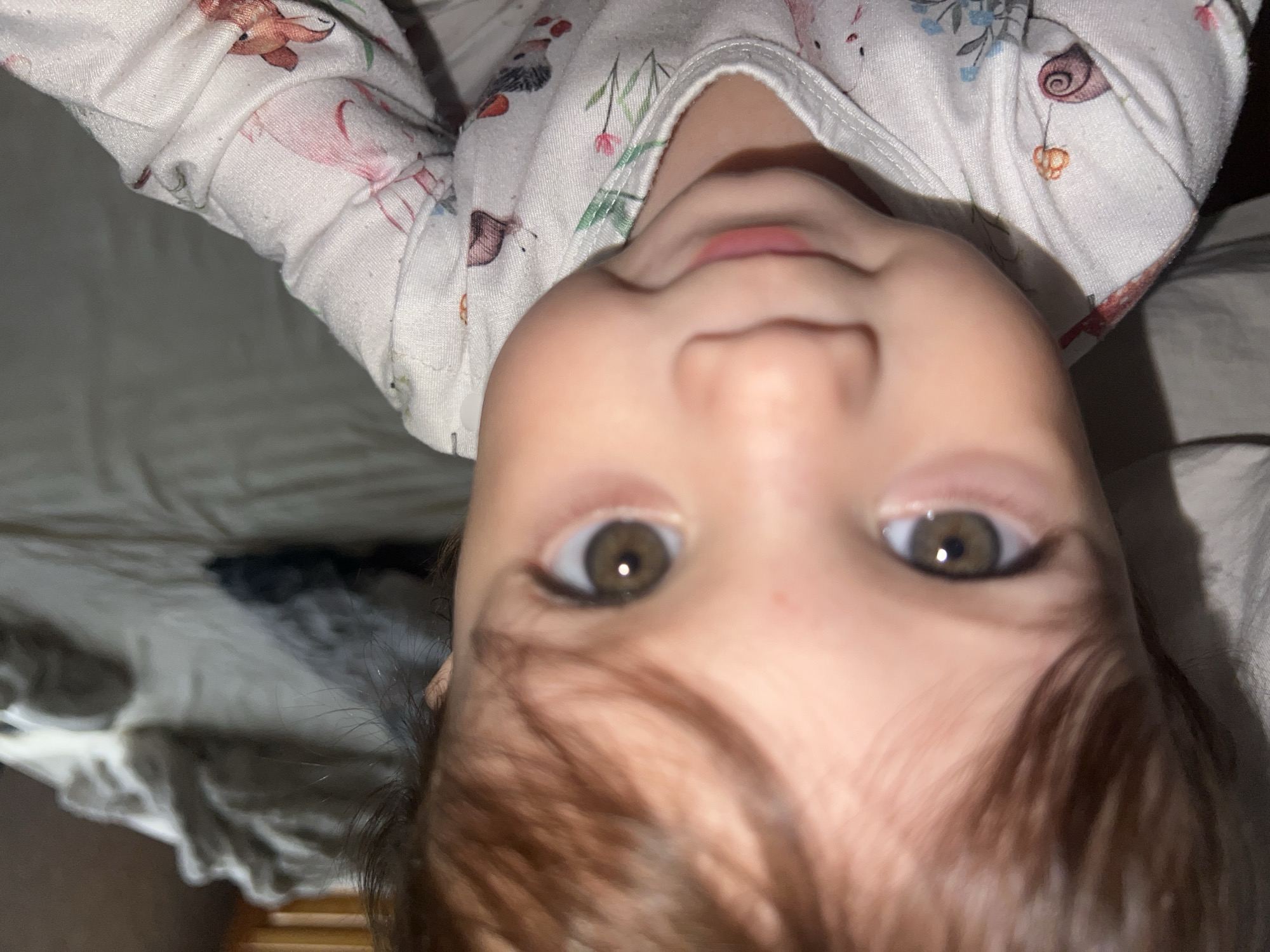 A close-up, inverted perspective photograph depicts a baby with brown hair and hazel eyes. The baby is wearing a white onesie patterned with small illustrations of animals and plants. The background appears to be a bed with gray bedding. There is no indication of Elena, Bulgaria or any specific city location.