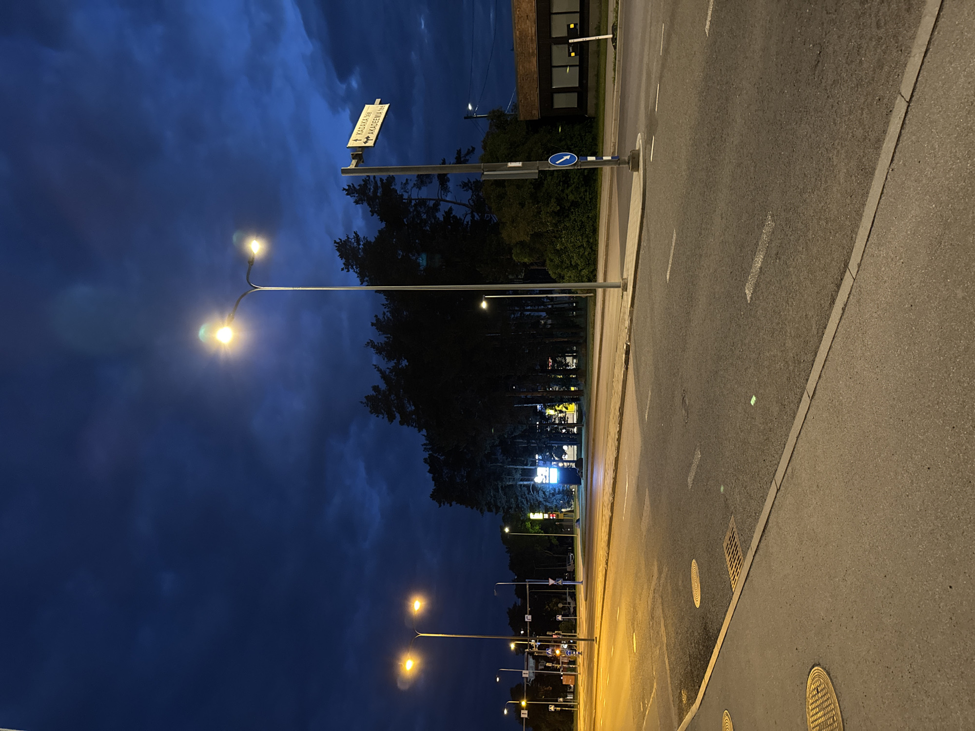 This is a nighttime photograph of an intersection in Tallinn, Estonia. The sky is a deep blue with dark, cloudy formations. Streetlights illuminate the empty asphalt road and sidewalks. A cluster of tall pine trees stands in the background, silhouetted against the night sky. To the right, a low-rise brick building with dark windows is visible. A street signpost at the intersection indicates "KADAKA tee" and "AKADEEMIA tee" with directional arrows, identifying the location. There are no people or vehicles present in the image.